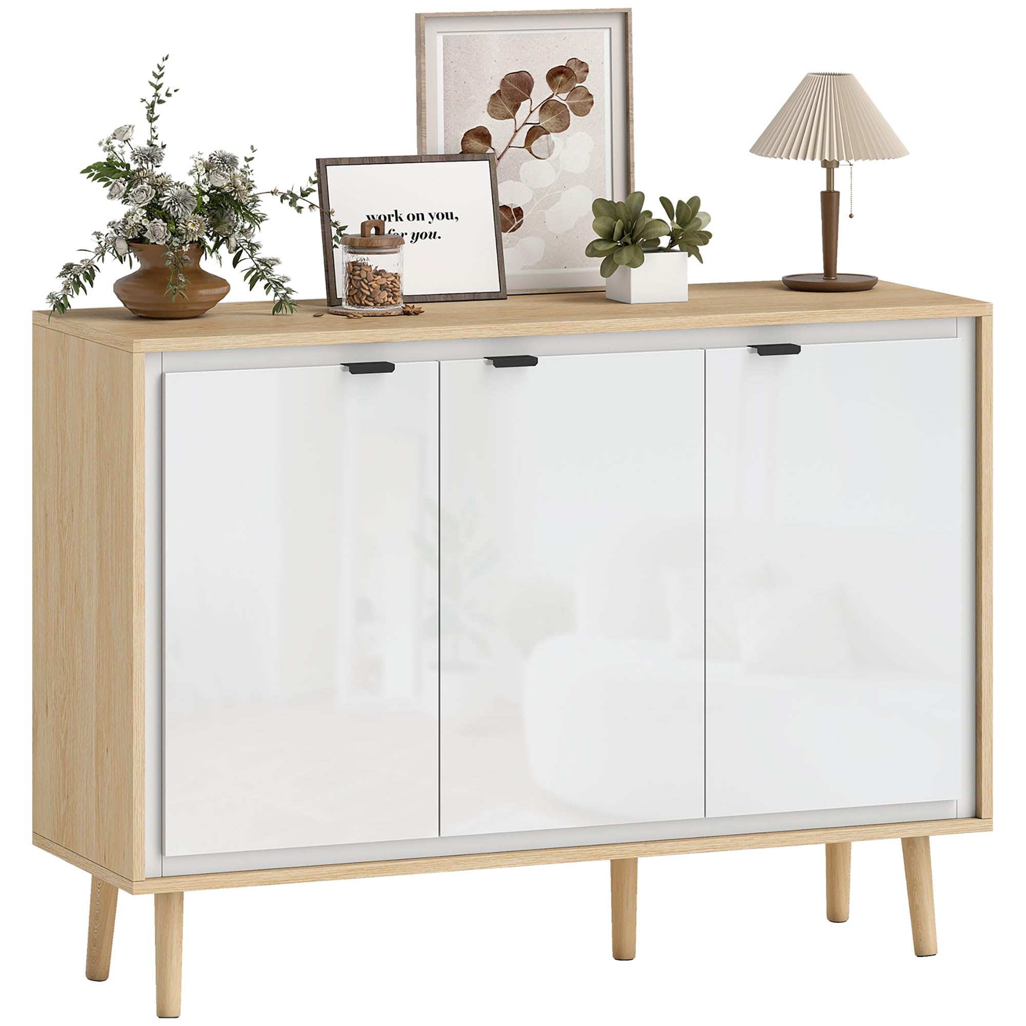 HOMCOM Credenza Cucina con 3 Ante, Mobile Cucina Moderno con Ripiano Regolabile e Piedi in Legno, Credenza Buffet per Soggiorno, Sala da Pranzo e Salotto, 107x35x77 cm, Bianco Lucido e Rovere