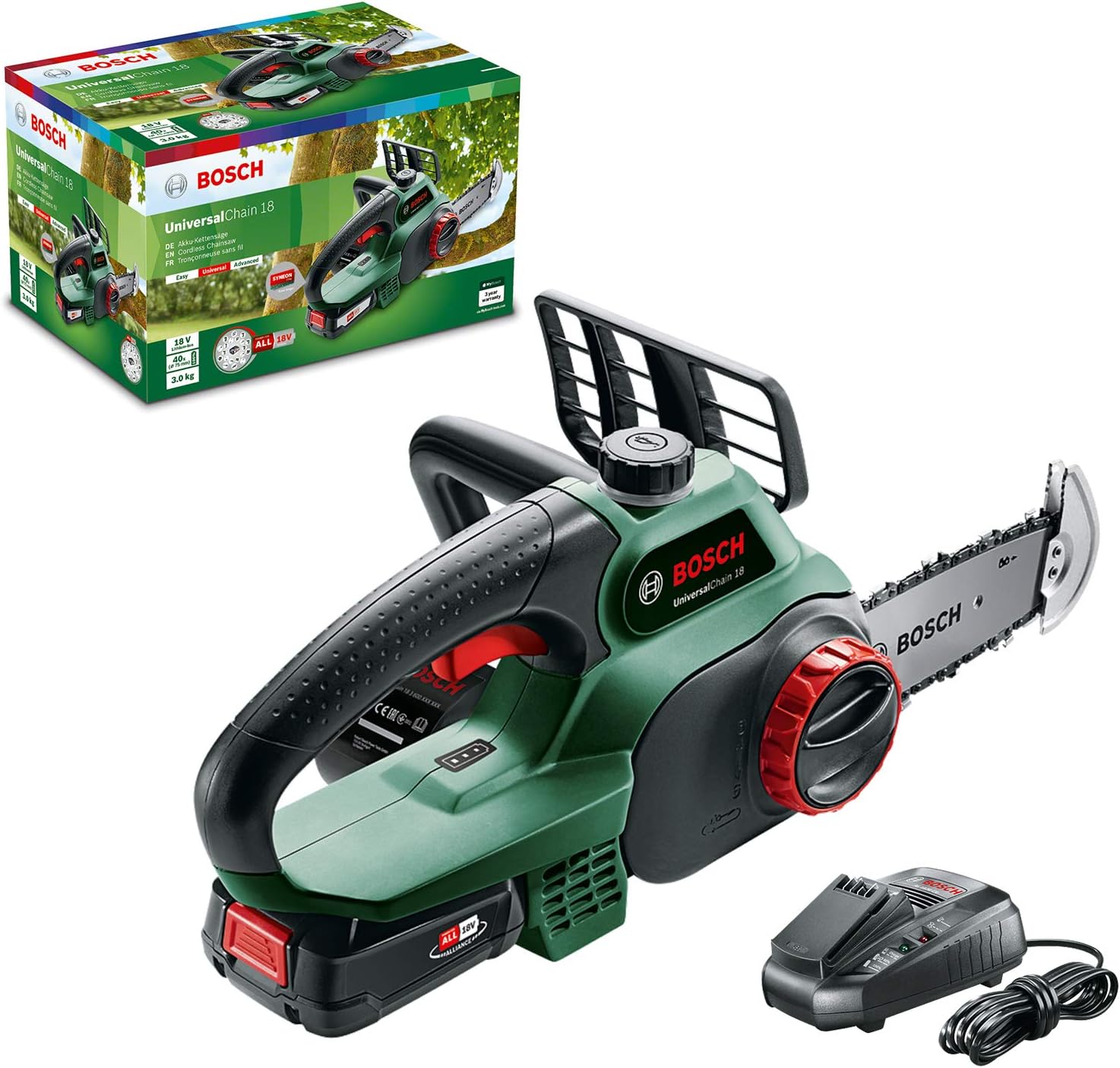 Bosch Cordless Chainsaw UniversalChain 18 (battery 2.5 Ah, charger, SDS system, blade length: 200 mm, 18 Volt System, in carton packaging)