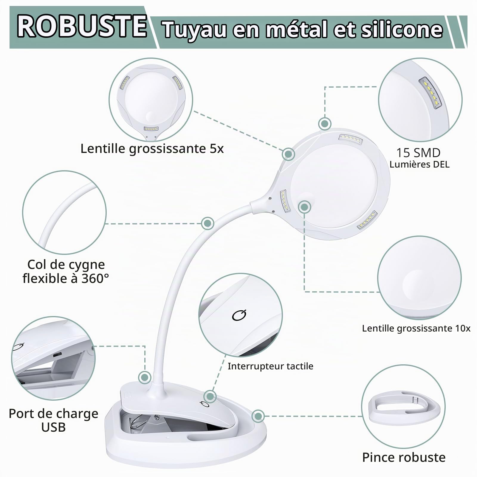 COLFULINE 2 en 1 Lampe Loupe LED-Loupe de Table Grossissement 5X10X-3 Mode de Luminosité-Lampe Loupe avec Pince- Chargement USB-Lampe de Table à Base et à Clip Idéal pour Lecture,Bureau