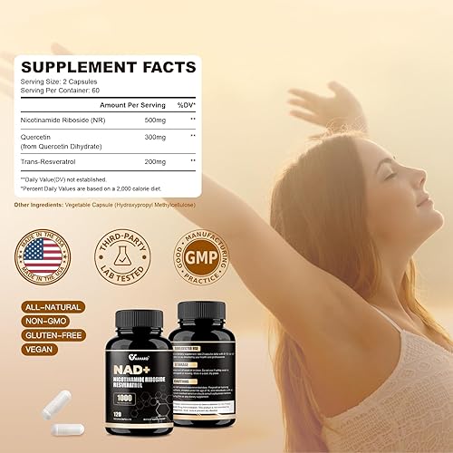 Vista 9 de Suplemento NAD 120 cápsulas Ribosida de nicotinamida liposomal con trans-resveratrol y quercetina 1000 mg NAD+ suplemento para hombres y mujeres