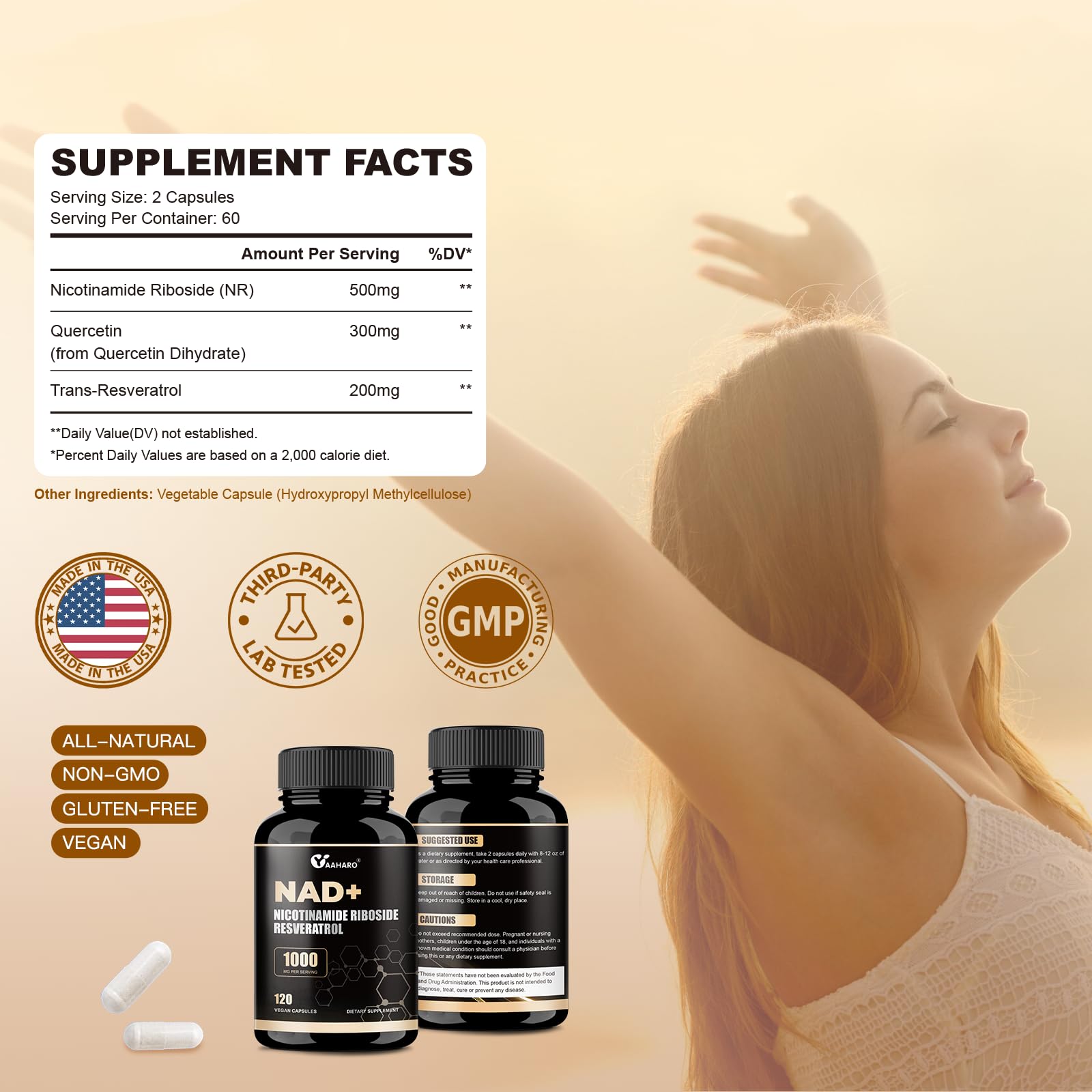NAD Supplement 120 Capsules - Liposomal Nicotinamide Riboside w/Trans-Resveratrol & Quercetin - 1000mg NAD+ Supplement for Men and Women - Supports Energy and Focus - 60 Days Supply