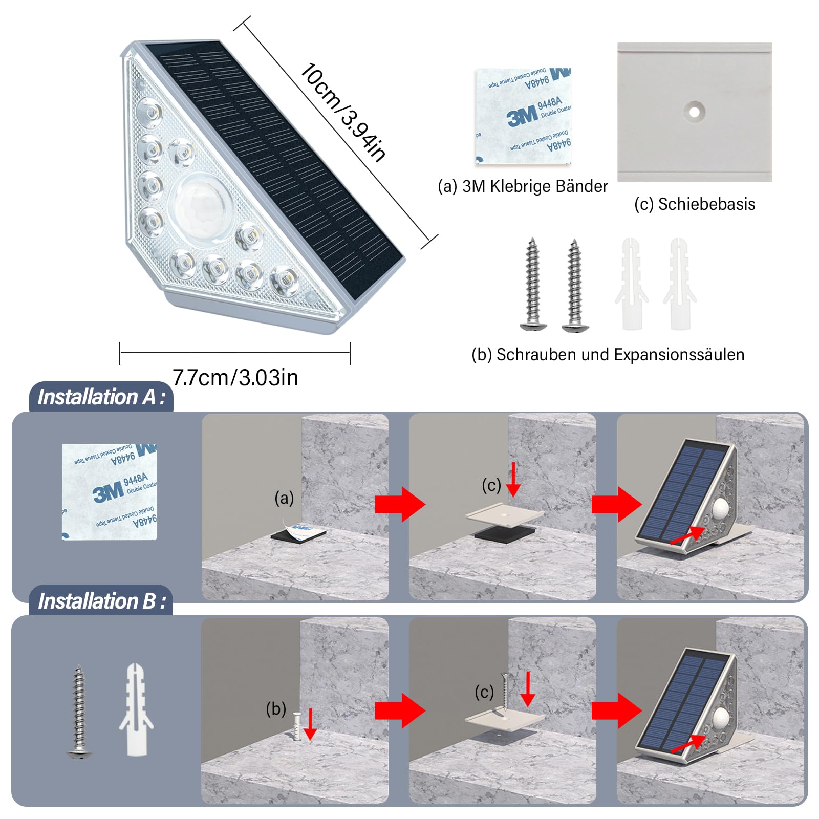 4 luci solari per scale esterne con sensore di movimento, luce bianca calda, illuminazione solare per scale, impermeabilità IP44, 800 mAh, per giardino, scale, patio, porta d'ingresso