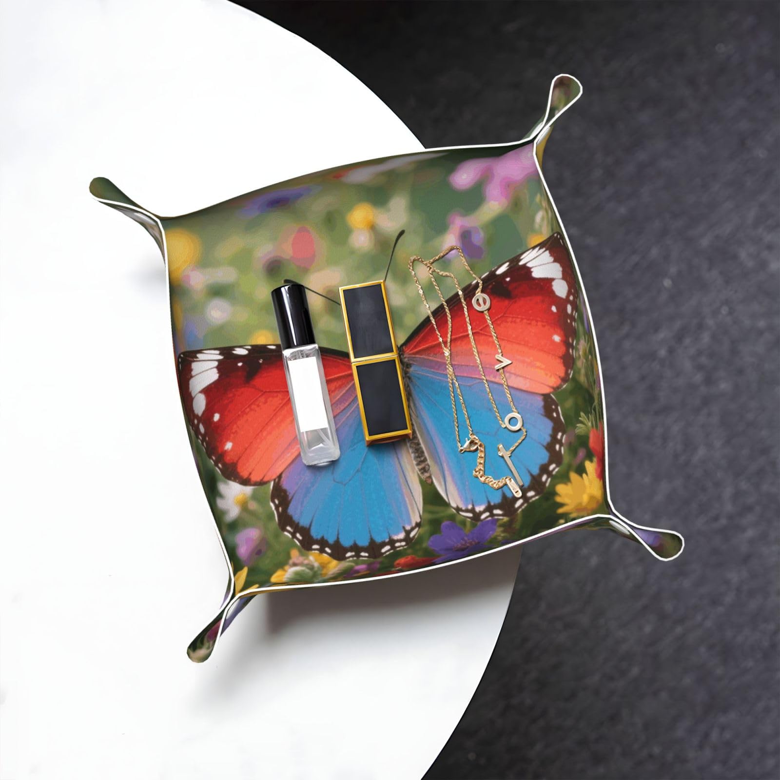 Butterfly Valet Tray Organizer Pu Leather Travel Catchall Tray Organizer Portable Jewelry Tray Storage Keys Tray for Entryway Table Coins Watches Candy