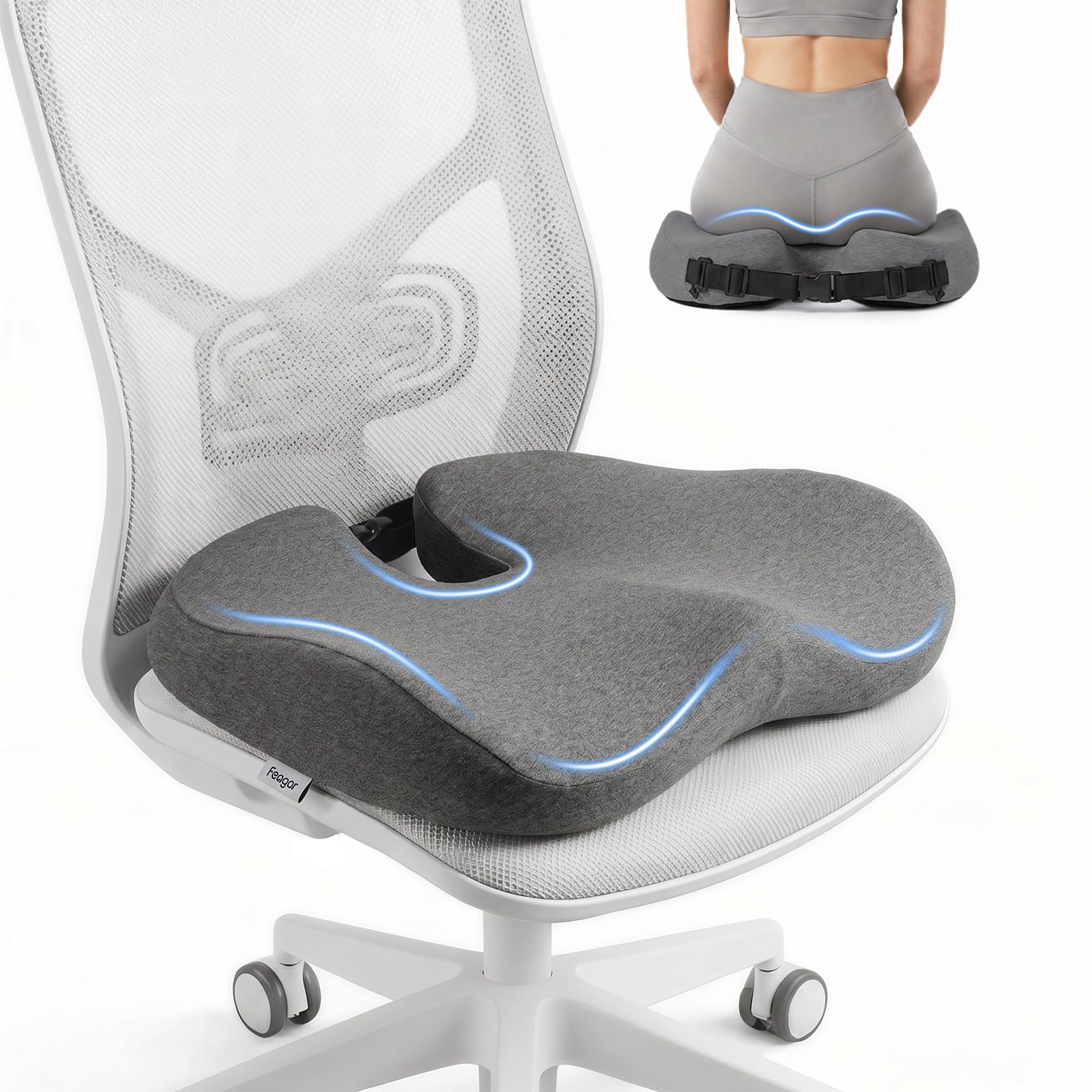 Feagar Coussin De Siège Ergonomique Mousse À Mémoire De Forme [Gris] | Coussin Coccyx Pour Chaise De Bureau Et Voiture, Soulagement De La Pression, Confort Pour Télétravail & Anti-Fatigue