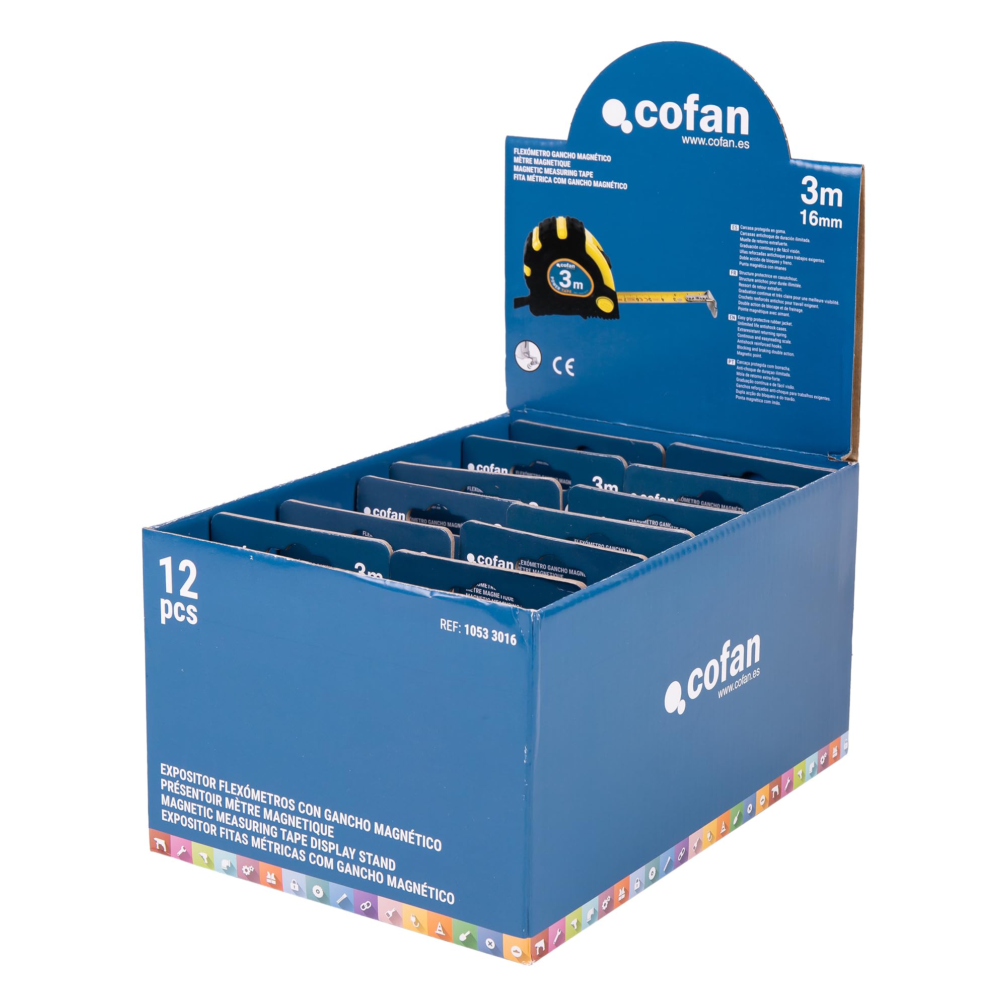 Cofan Expositor para flexómetros magnéticos de Cofan | Incluye 12 flexómetros | Flexómetro de 3 m x 16 mm (hoja) | Medida Expositor: 26,6 x 17,8 x 13,5 cm