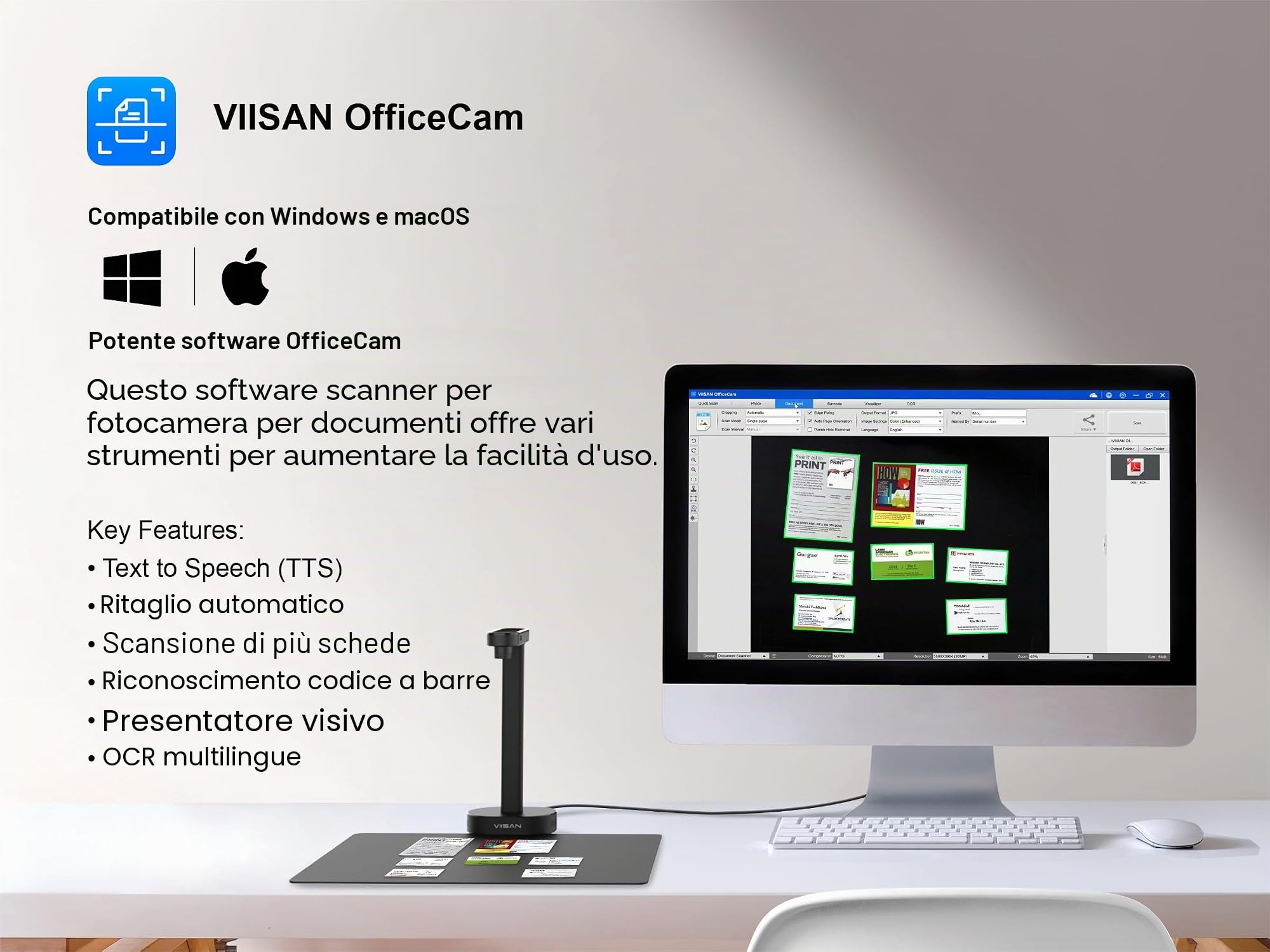 VIISAN Scanner documenti, 16 MP, USB, portatile, dimensione di registrazione A4, Deskewing, scansione di documenti multipagina, OCR & TTS Tech, funziona con Windows & MacOS
