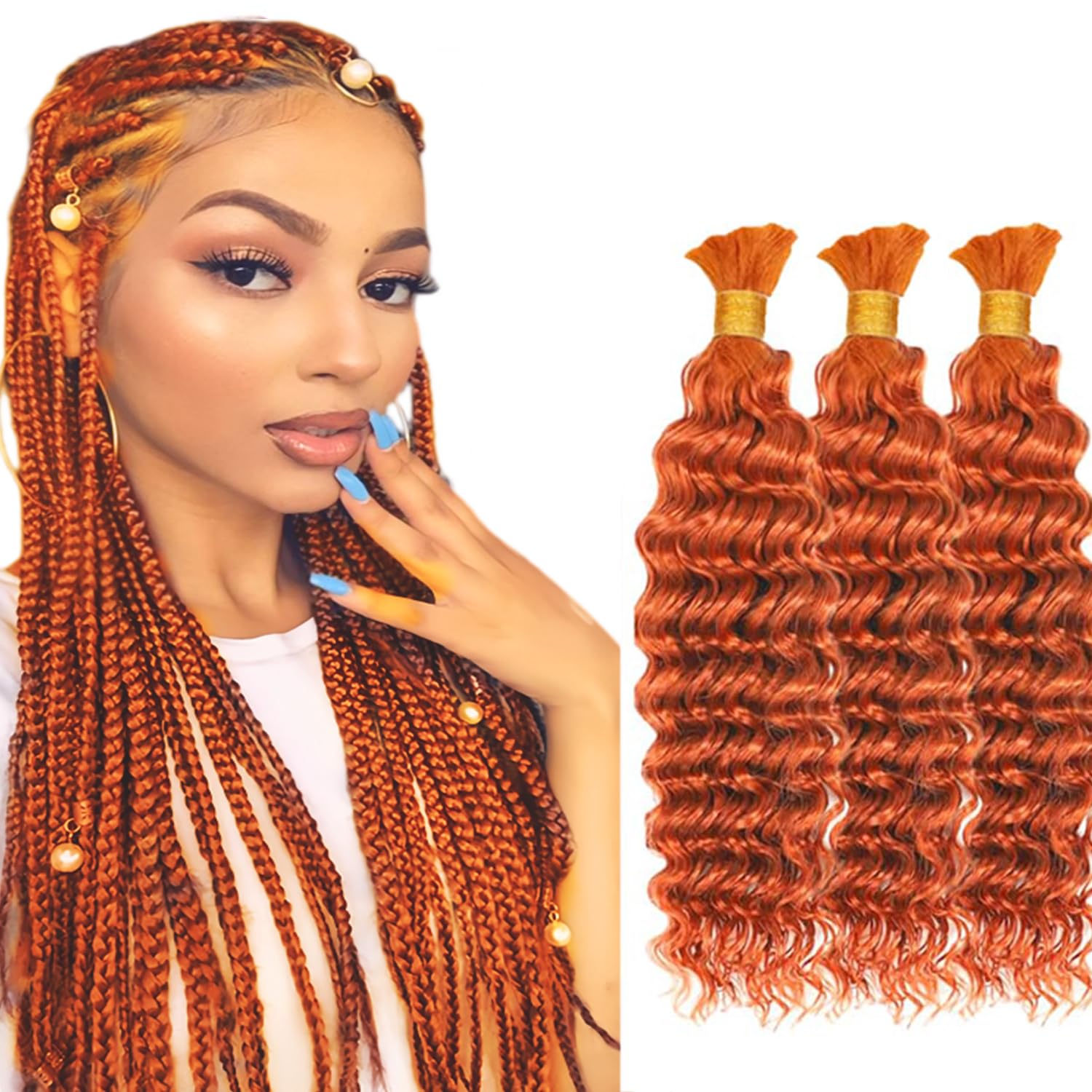 350 Ginger Human Braiding Hair for Boho Braids 16 16 16 Inch Orange Deep Wave Bulk Human Hair Knotless Boho Braiding Curly Virgin Hair Extensions 150g 3 Bundles/Pack