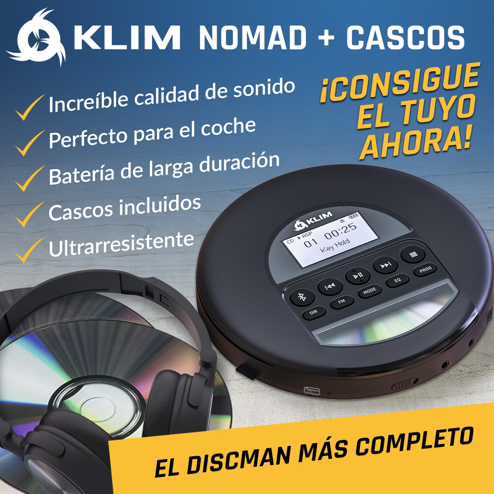 KLIM Nomad Reproductor CD portatil con batería Interna de Larga duración - Incluye Auriculares - CD Player Mini Compacto, Personal, Compatible con CD-R, CD-RW y MP3 [Nuevo] | Auriculares incluidos, doble puerto de audio, tarjeta TF, radio FM, protección a