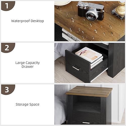 Miniatura 3 de 4ever2buy Mesita de noche de granja con cajón de almacenamiento, mesita de noche negra con mango de metal y estante de madera abierto, mesa auxiliar