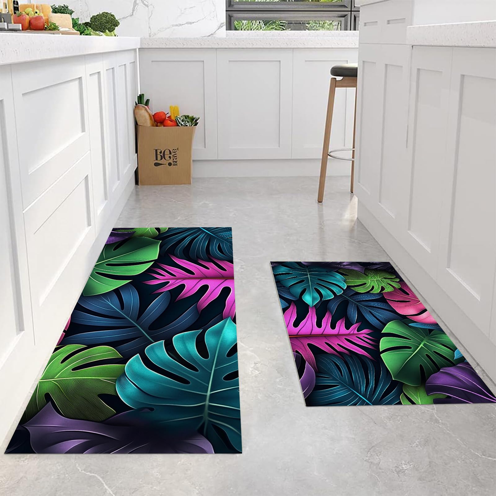 Tapetes de cocina antifatiga y lavables con diseño de hojas de monstera (44x70 + 44x120 cm)