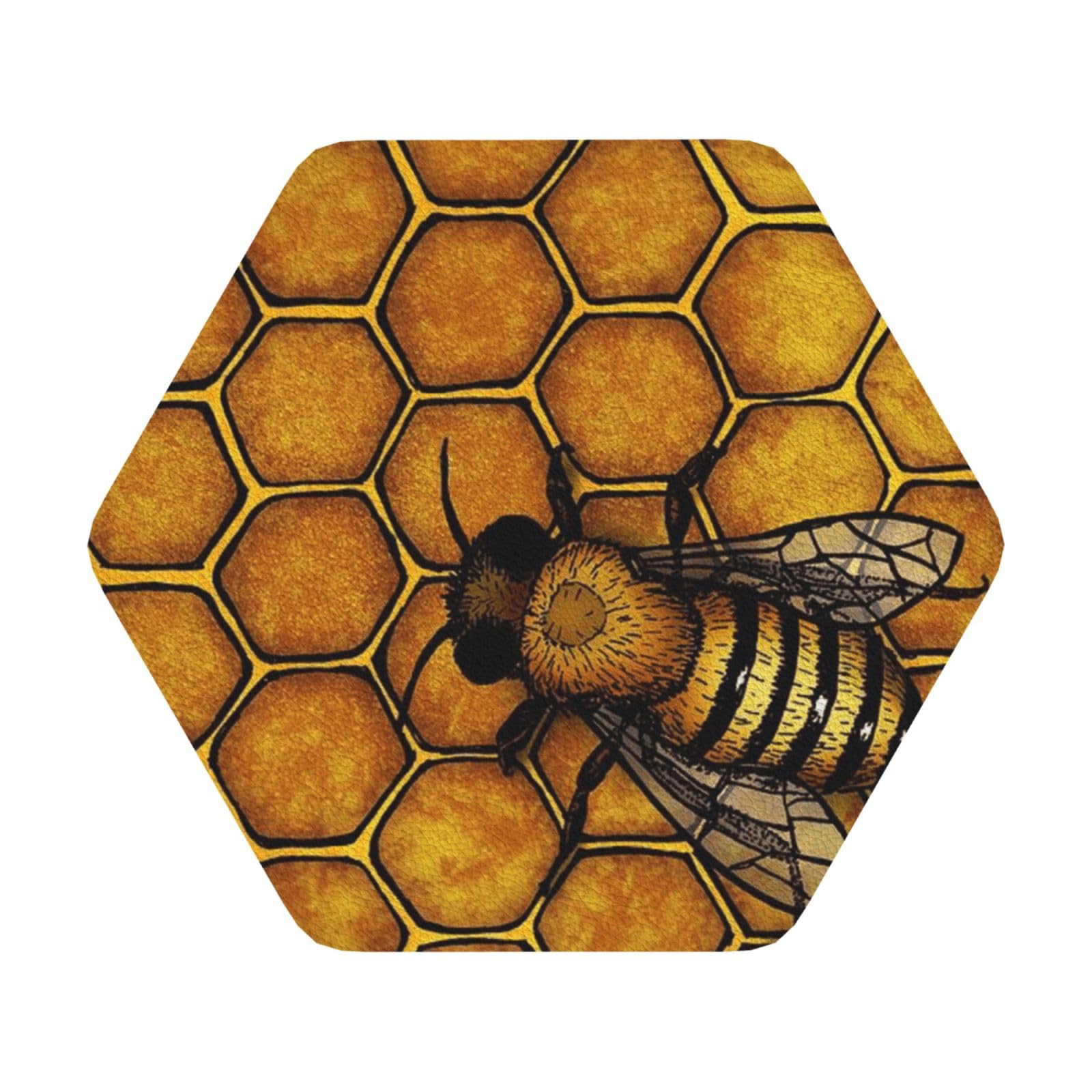 Bee Honeybee PU Leather Coasters Set of 6 Hexagon Drink Coasters