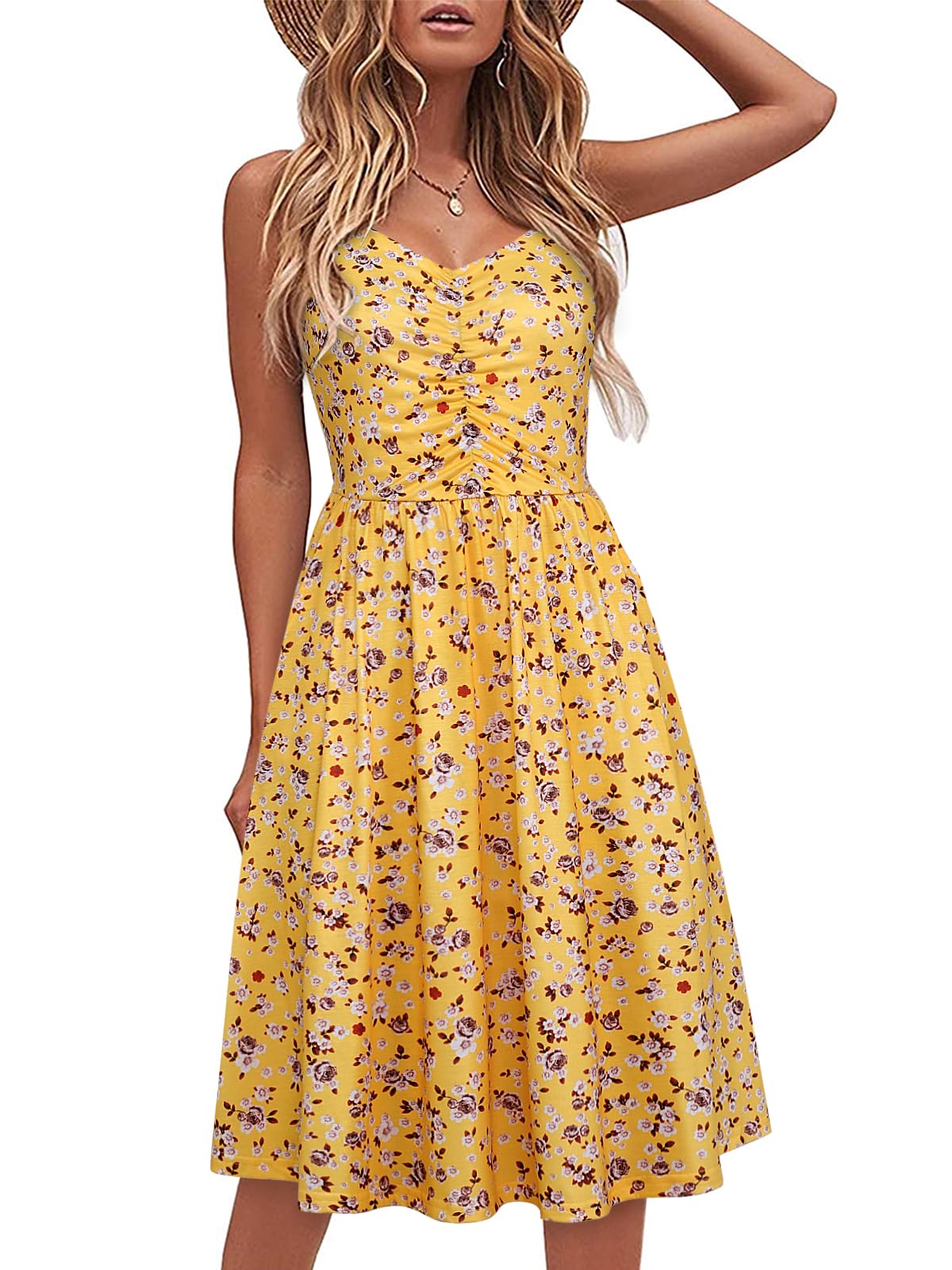 Photo 1 of ***** WHITE DRESS ***** YATHON Sundresses for Women 2026 with Pockets Sunflower Summer Dresses for Women Aline Dresses for Women Spaghetti Strap Hawaiian(YT090-Yellow Floral 04,S)