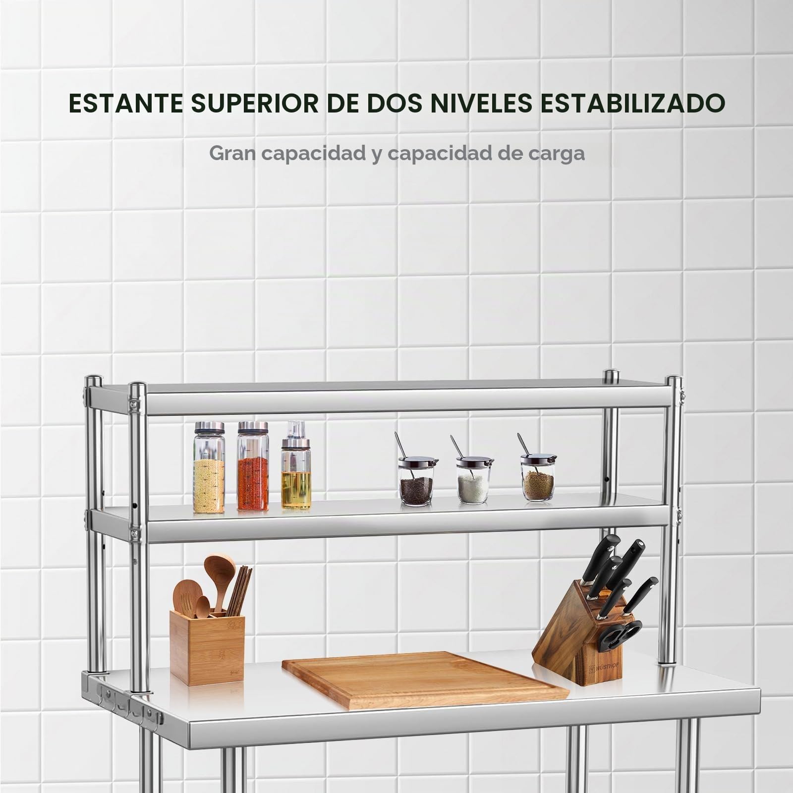 Mesa de Trabajo de Acero Inoxidable con 2 estantes Superiores, 91 x 61 x 138 cm, Mesa de Trabajo, Cocina, Capacidad de Carga, 662 kg, Patas de Acero Inoxidable para Cocina, Restaurante
