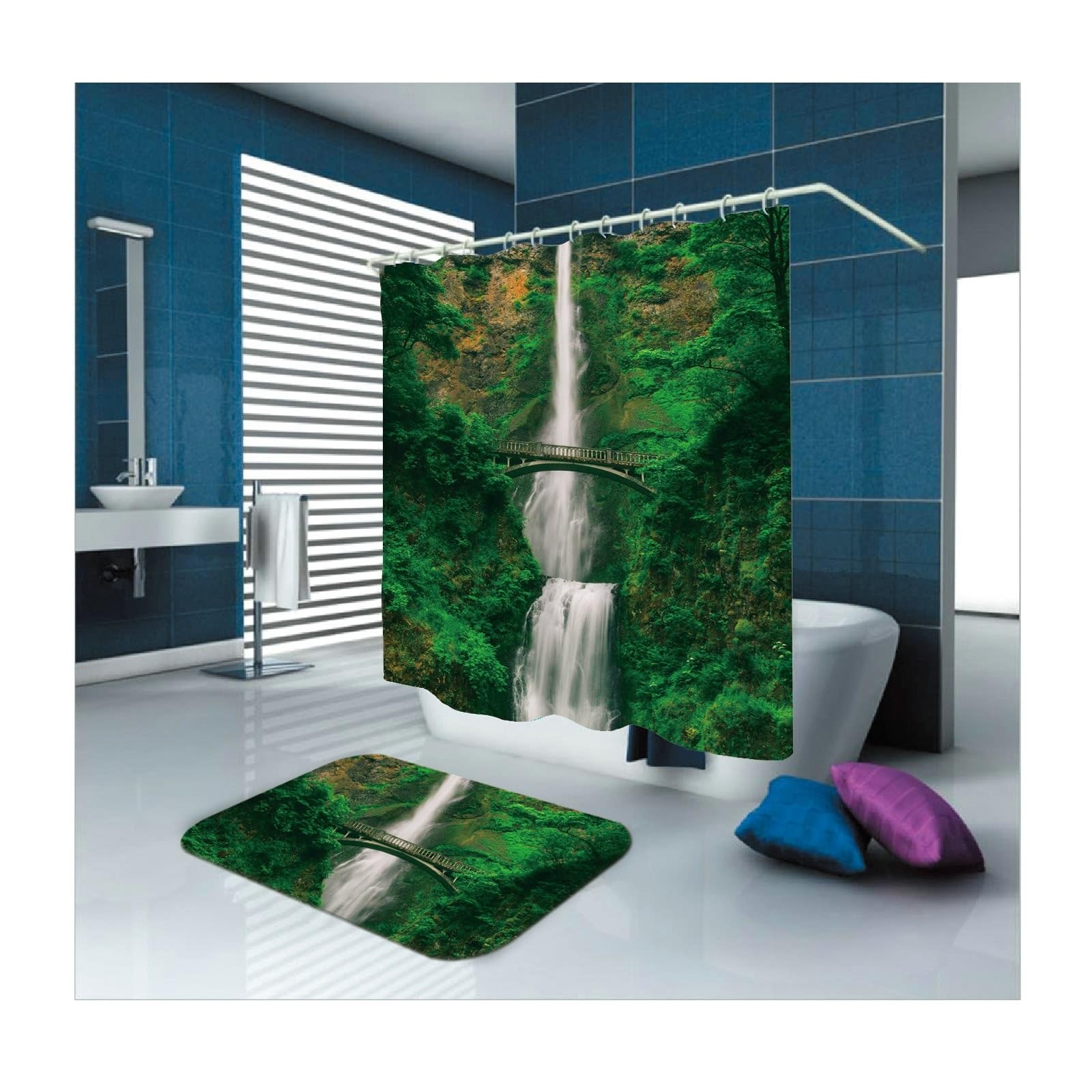 Rideau de douche vert motif cascade pour créer une ambiance spa nature
