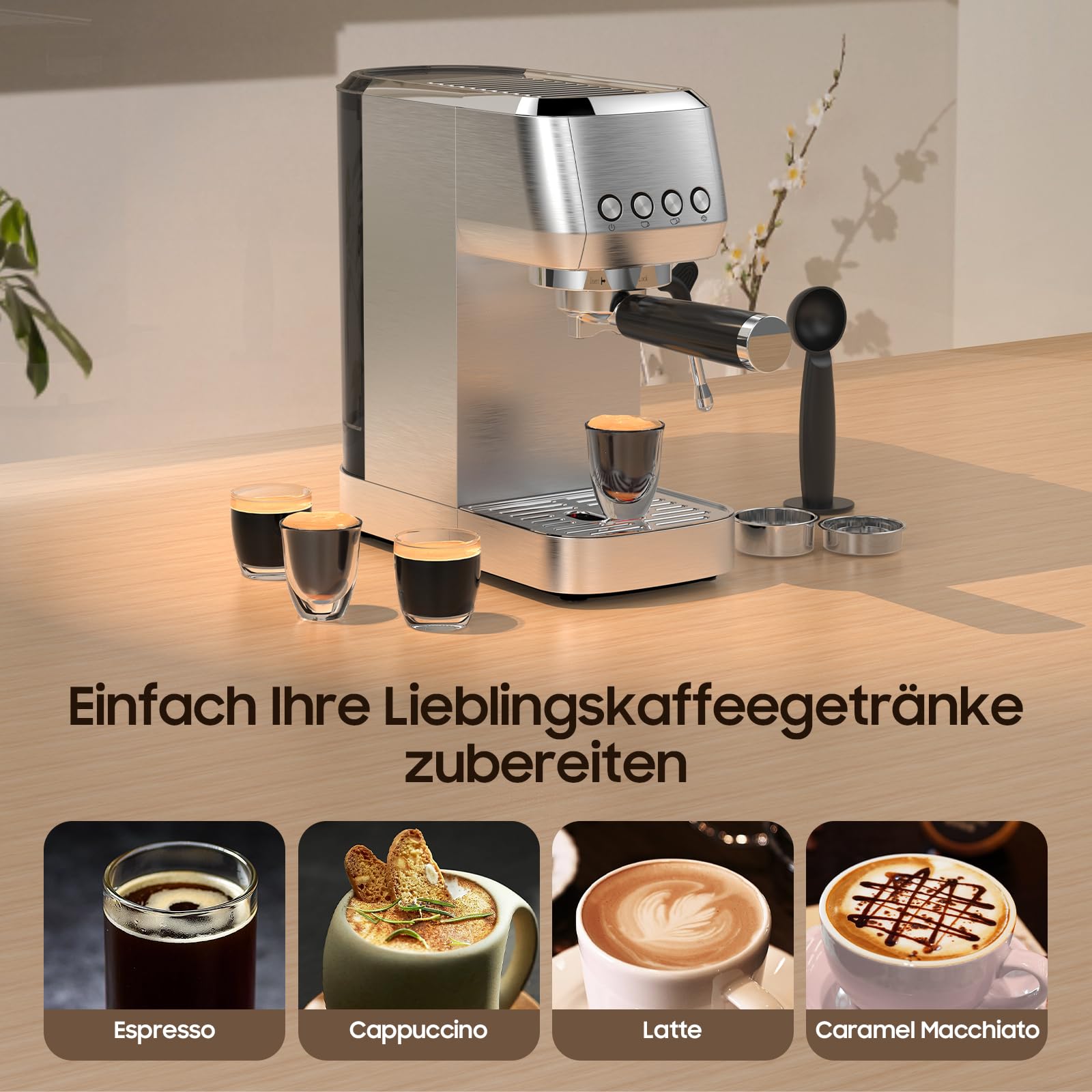 Ekspres do espresso, sitko, 20 barów, ze spieniaczem do mleka, filtr portowy 51 mm, szybkie nagrzewanie, konstrukcja ze stali nierdzewnej, zbiornik na wodę 1,3 l, podgrzewacz do filiżanek, filtr 2 w 1