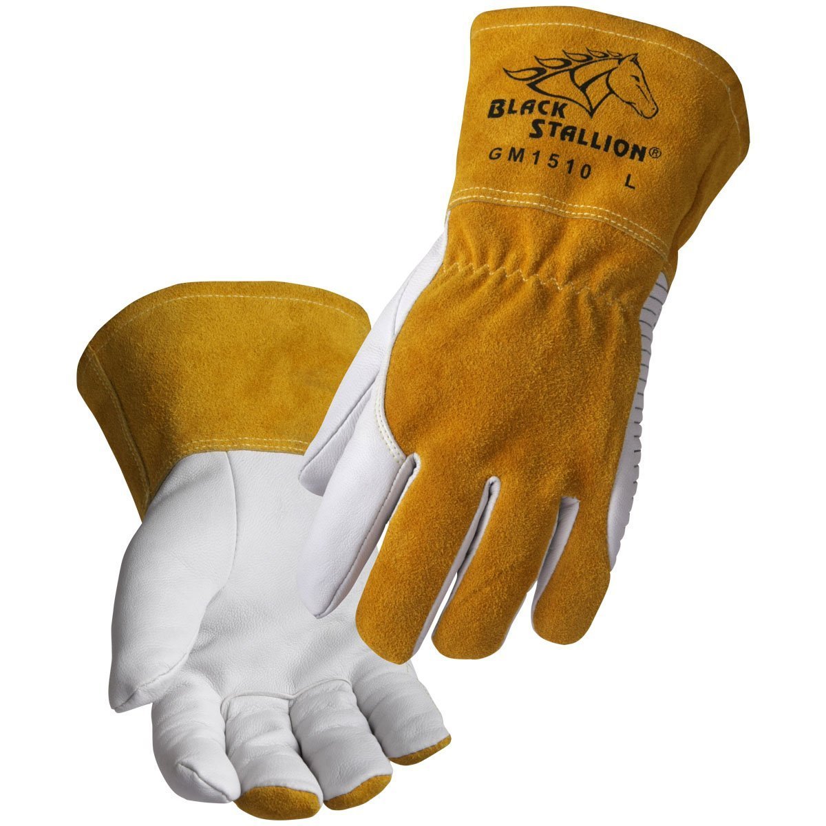 Black Stallion (GM1510-WT Goatskin MIG Glove, Premium Grain Goatskin Leather, Padded DragPatch, Heat & Abrasion Resistant, Kevlar Stitching, Large, White/Yellow