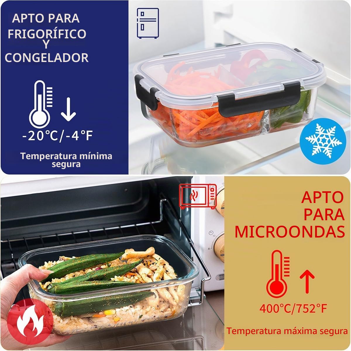 Meal Prep - Juego de 3 cajas de almacenaje (1, 2 y 3 compartimentos (1040 ml) para control de porciones, hermético, seguridad en horno y congelador