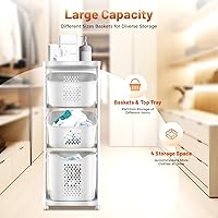 Vista 6 de Cesta de lavandería de 3 niveles con ruedas para el baño, ropa del hogar, almacenamiento almacenado, clasificador, carrito de almacenamiento