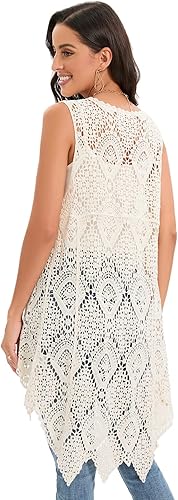 Miniatura 2 de Chaleco de encaje de ganchillo para mujer, estilo bohemio, sin mangas, kimono con dobladillo irregular