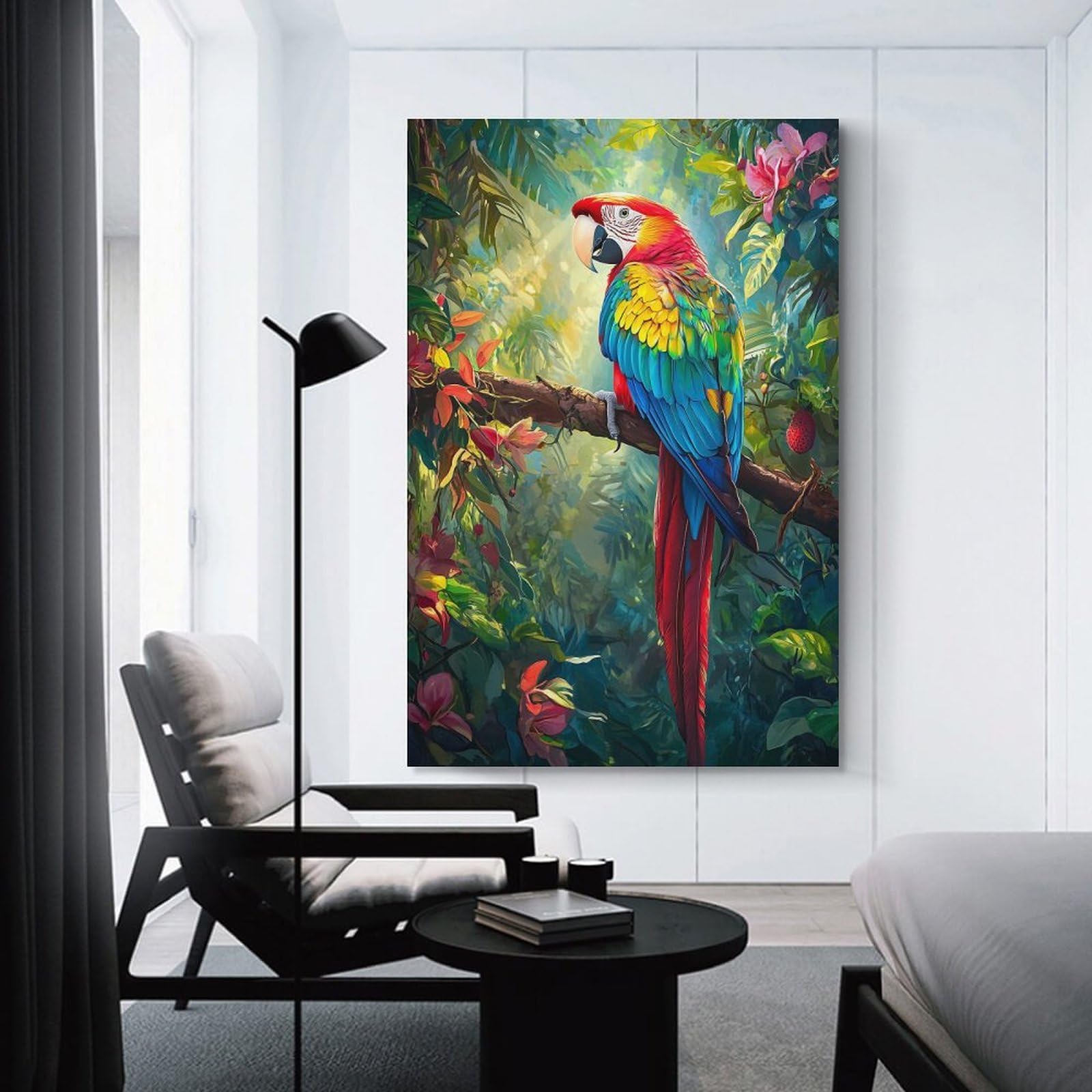 Junmoney Unframe-Style Canvas Wall Picture Scarlet Macaw In Jungle, 24X36inch(60X90cm), For Bedroom, Lounge Or Dressing Area, Stylish Decor For A Restful Room Update