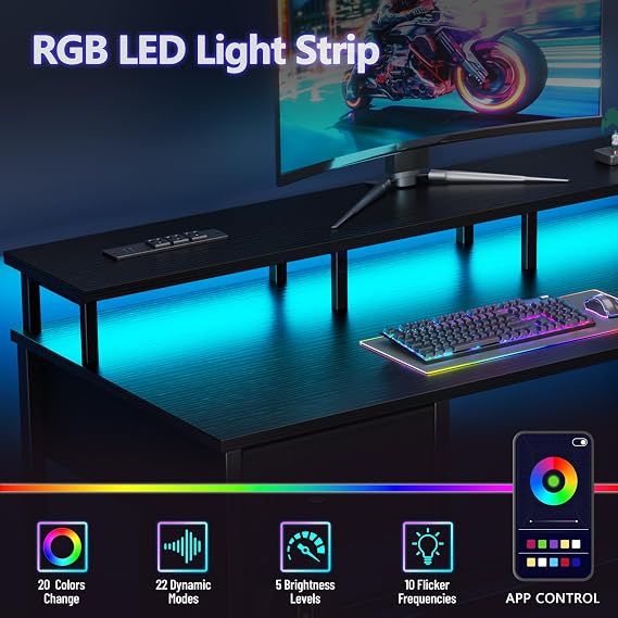 Korfile 47 Inch Gaming Computer Desk with Power Outlets,LED,5 Drawers,Black