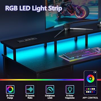 Korfile 47 Inch Gaming Computer Desk with Power Outlets,LED,5 Drawers,Black