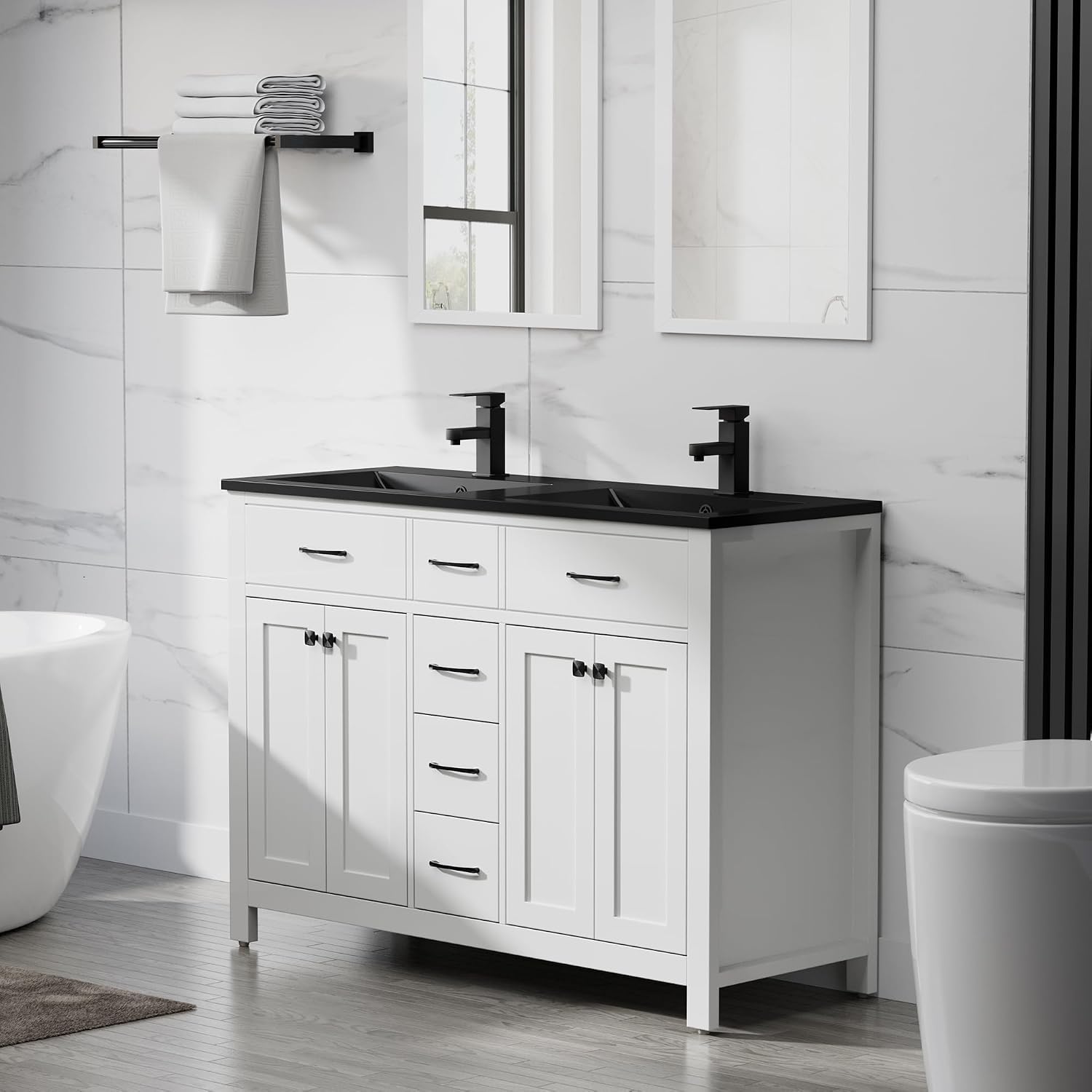 LUCKWIND 48" Modern Bathroom Vanity with Sink Combo, Contemporary Painted Storage Cabinet and Double Black Sink, Include Soft-Closing Doors & Matte Black Faucet, White