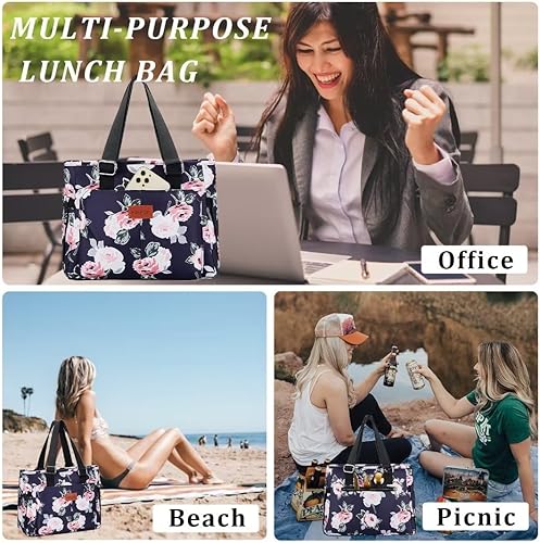 Miniatura 6 de Lonchera grande de peonía para mujer, lonchera de aluminio aislada con bolsillos laterales, opciones de transporte ajustables, reutilizable y fácil