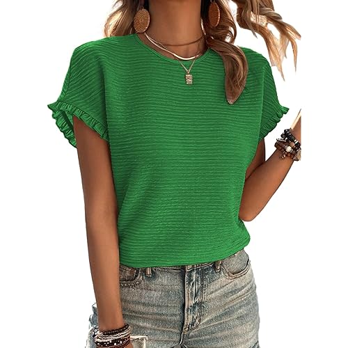 Samefar Womens Short Sleeve Tops Round Neck Ruffle Casual Summer Textured Work T Shirts Tee Blouse