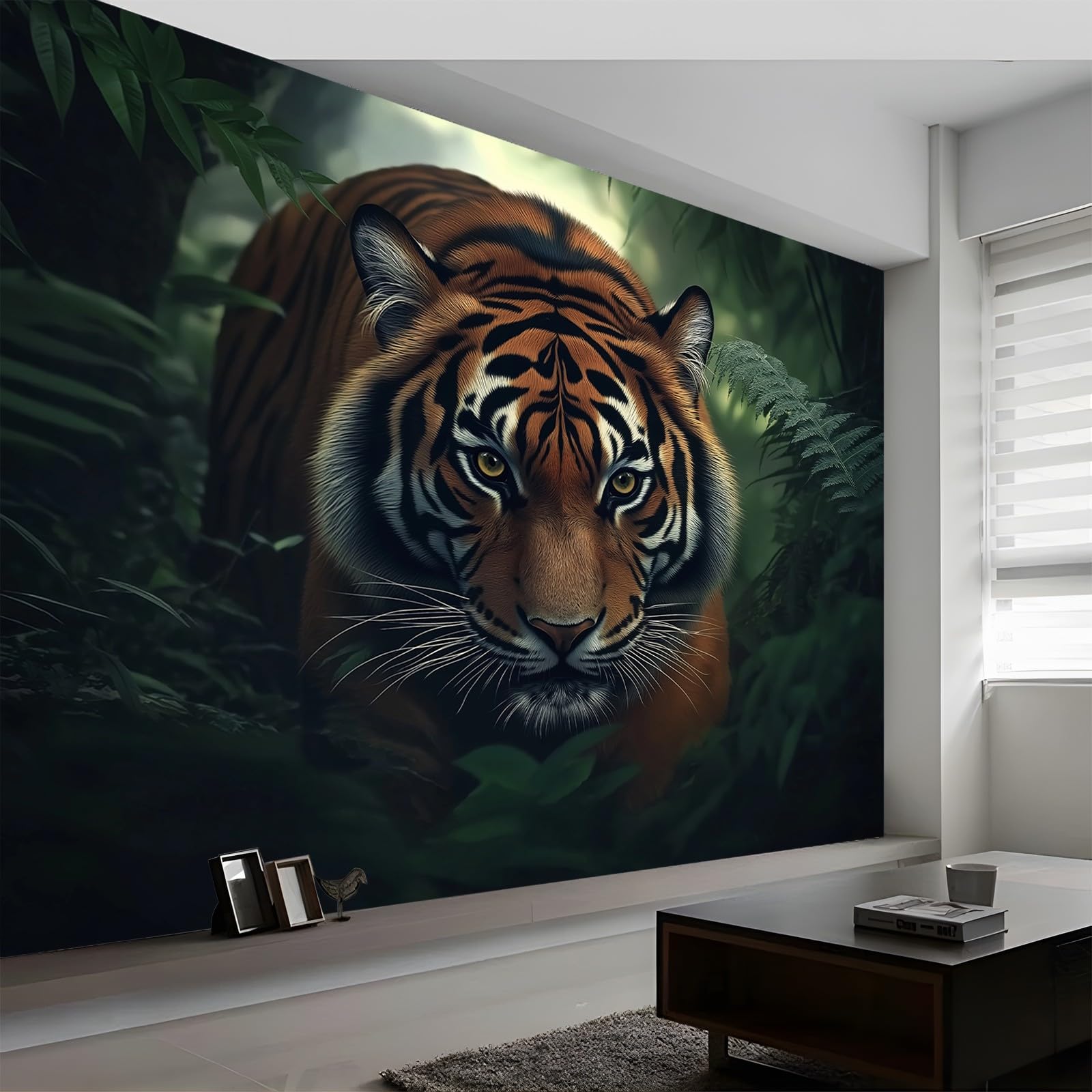 Tapeta fototapeta, efekt 3D, tygrys, dżungla, dekoracja ścienna, salon, sypialnia, biuro, korytarz, tapeta ścienna, tapeta ścienna, dekoracja ścienna, 250 x 175 cm, brązowa, zielona
