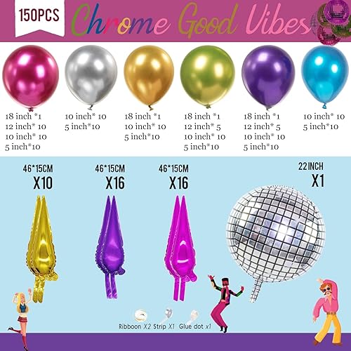 Miniatura 6 de Kit de guirnalda de globos metálicos, 150 unidades, color rosa intenso, morado, verde, azul, plateado, dorado, látex, estrella de los años 80 y 90,