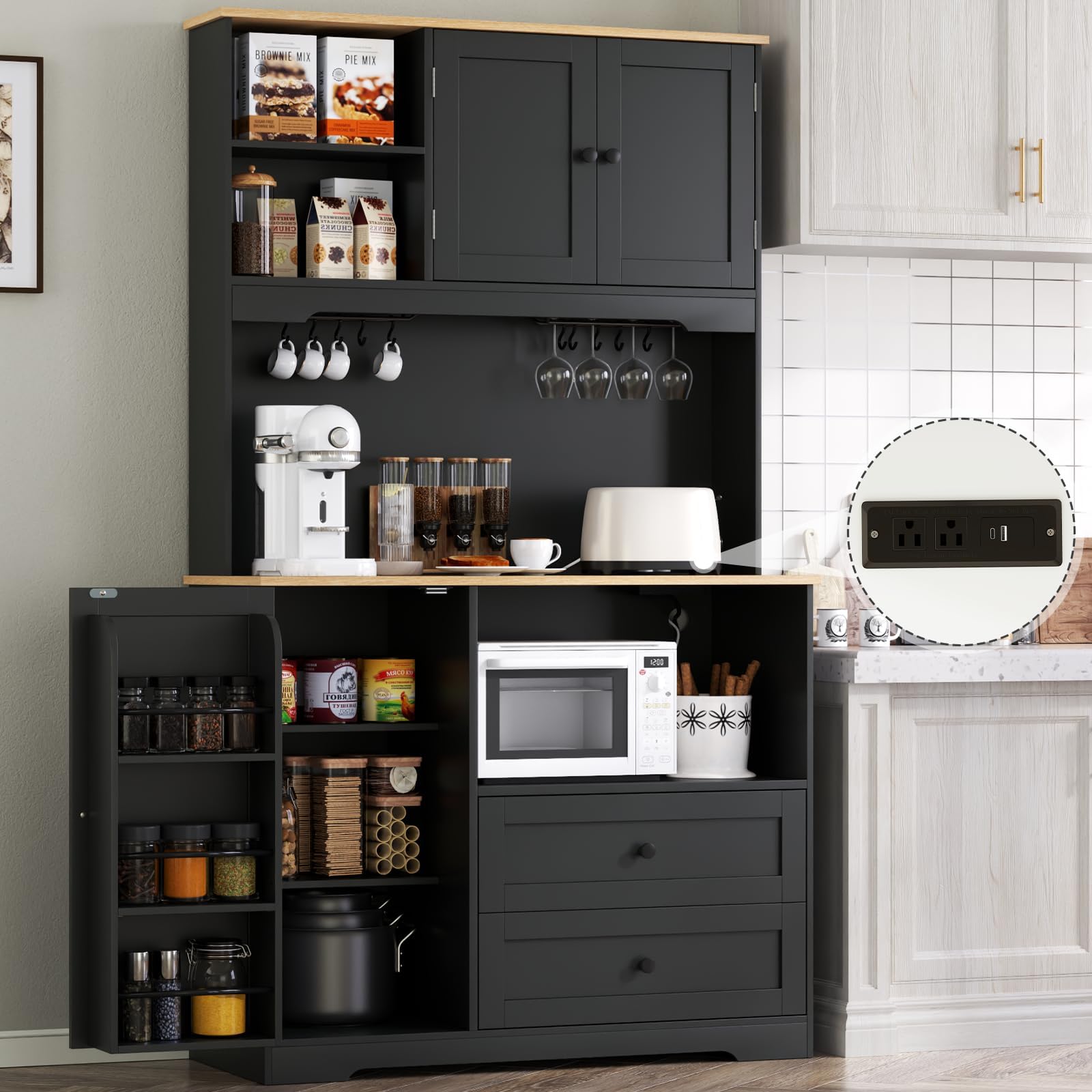 Gyfimoie 68" Tall Kitchen Pantry Storage Cabinet with Charging Station, Upgrade Pantry Cabinet with Doors & Shelves and Wine Glass Holder,Kitchen Hutch Cabinet with Microwave Stand for Kitchen(Black)