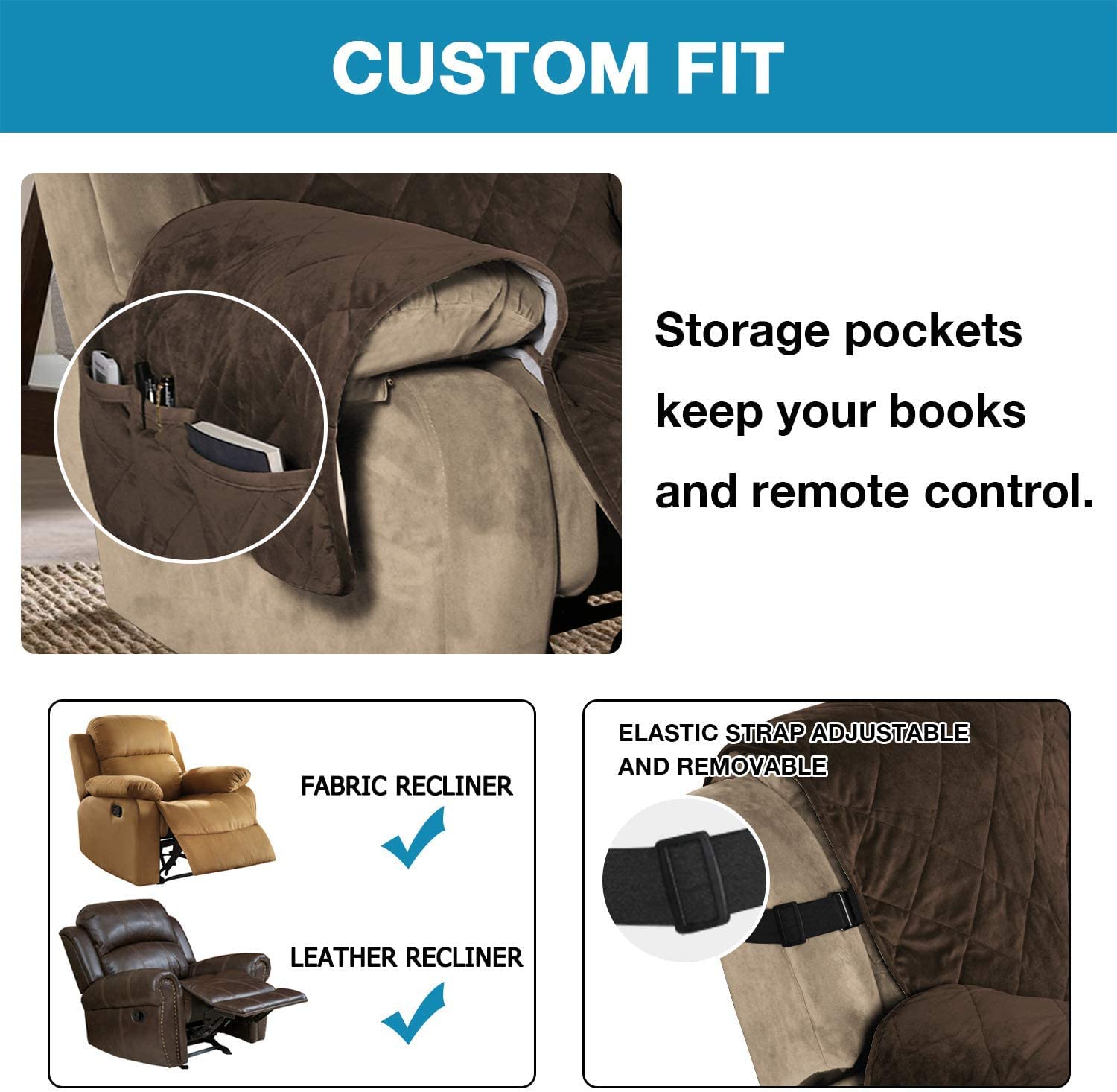 Funda reclinable de terciopelo para sillas de 28 pulgadas, antideslizante, suave, acolchada, con correa elástica más ancha, protección de tapicería marrón para muebles reclinables