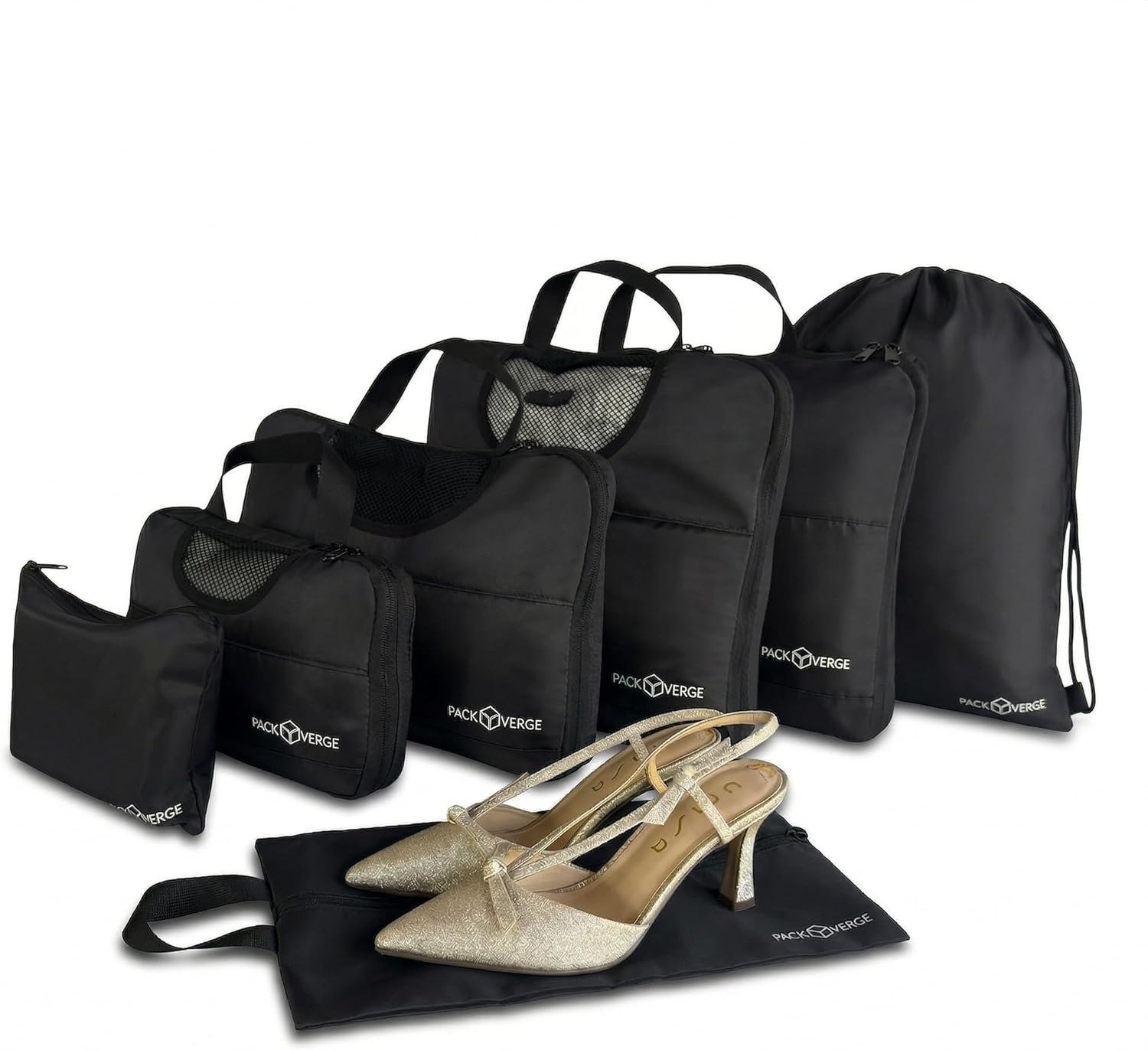 Compression Packing Cubes for Travel – 7 Piece Premium Set – Water Resistant Polyester Luggage Organizer Bags – Space Saving Suitcase Organizer System – Black