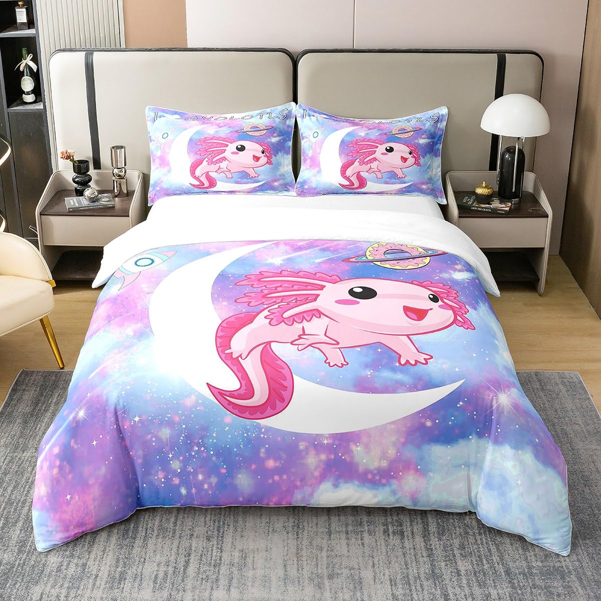 Axolotl - Set di biancheria da letto per ragazze, motivo: salamandra rosa, per bambini, ragazzi, ragazze, Kawaii animalier, copriletto, 1 copripiumino matrimoniale
