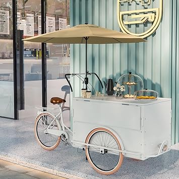 Professional Mobile Vending Cart Bicycle with Wheels, Parasol & Storage Box - Commercial Food Display Stand for Street, Markets, Festivals and Outdoor EventsBlue