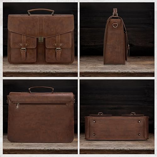 Miniatura 7 de RAINSMORE Bolsa de mensajero para hombre de 17 pulgadas, maletín para computadora portátil, impermeable, de cuero, para trabajo, oficina, viajes,