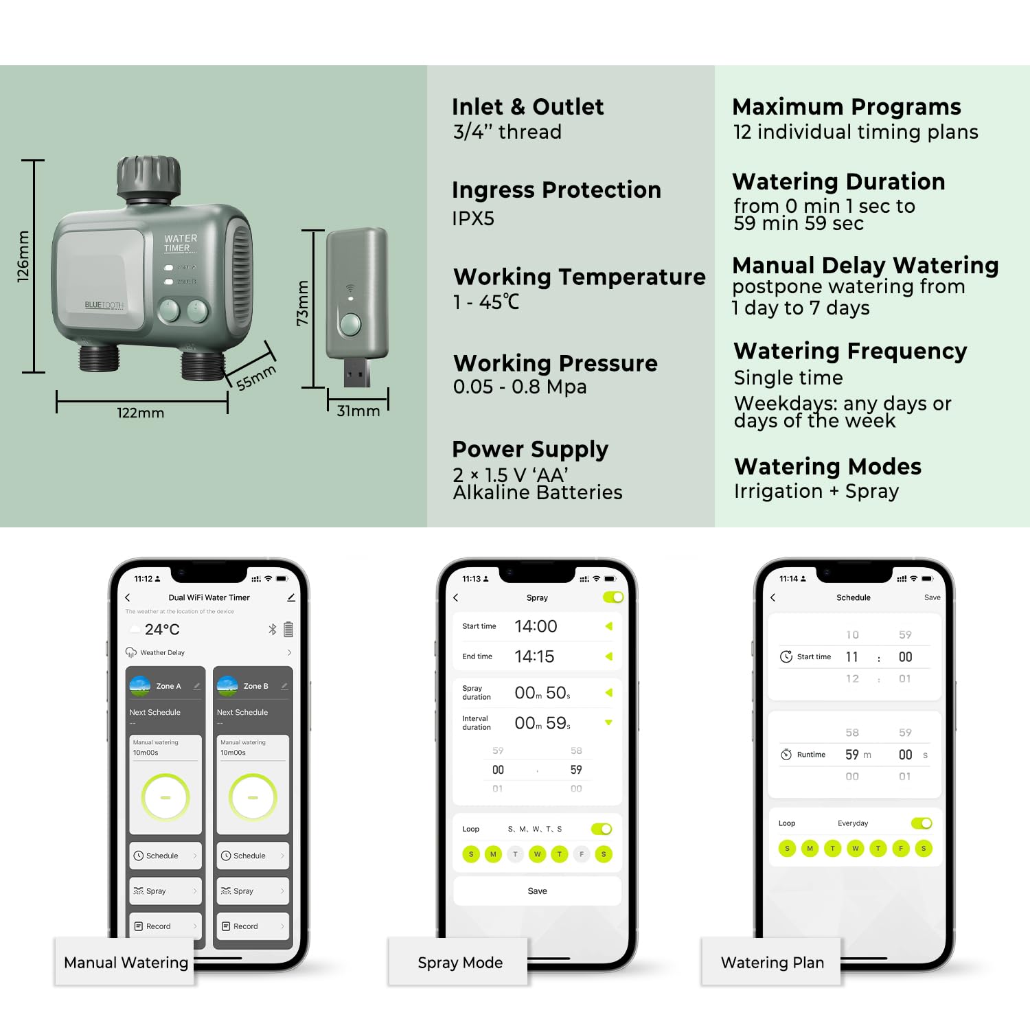 Programmateur Arrosage WiFi 2 Voies, Johgee arrosage Automatique pour Jardin, Arrosage Intelligent avec Contrôle APP et La Météo Connecté, minuterie d'irrigation programmable et Arrosage à Distance