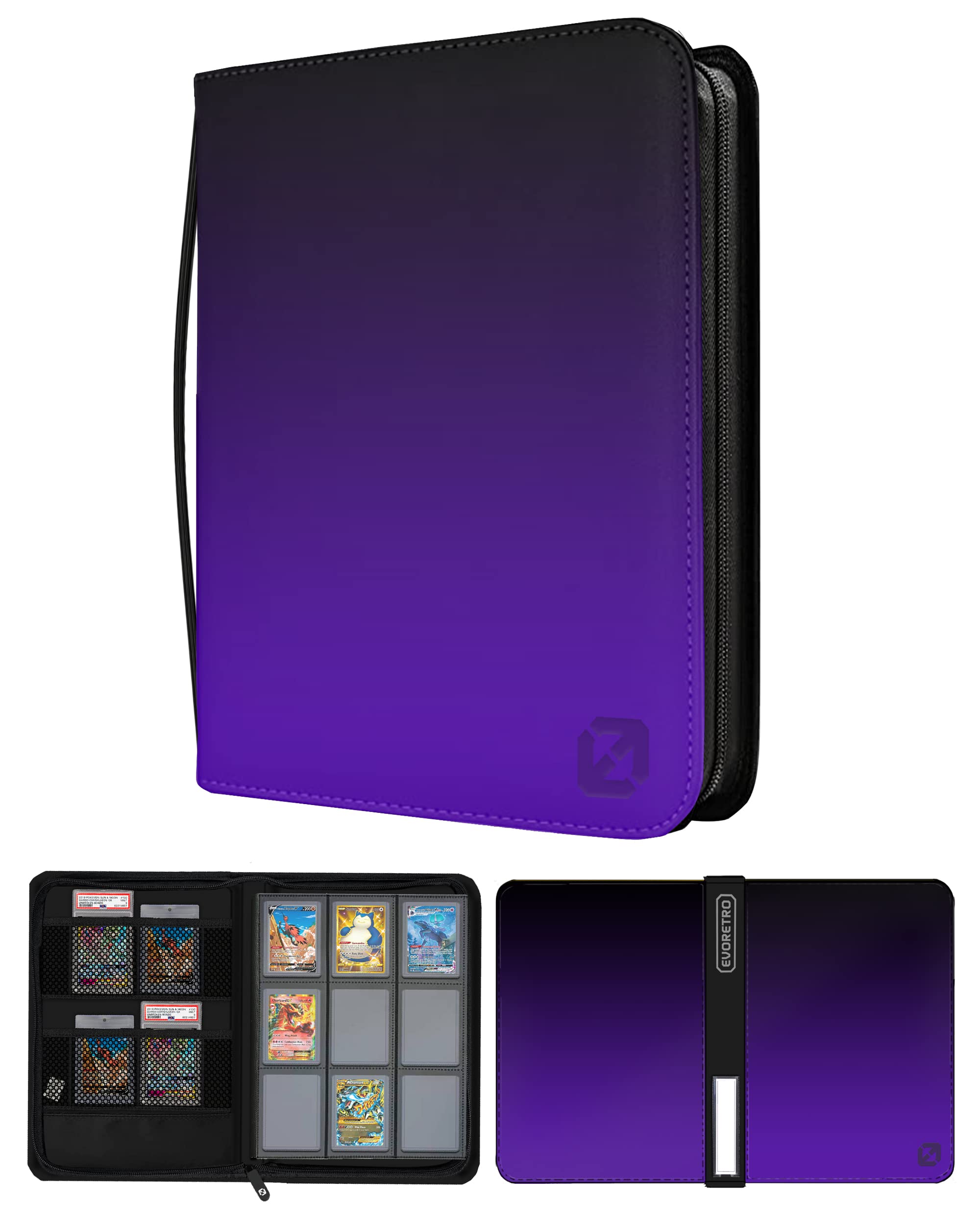 EVORETROToploader Binder for PSA Graded Cards, 9-Pocket Binder with 216 Slots, Water-Resistant Premium PU Leather, Ideal for Pokemon, MTG, Baseball, Football Cards (Purple)