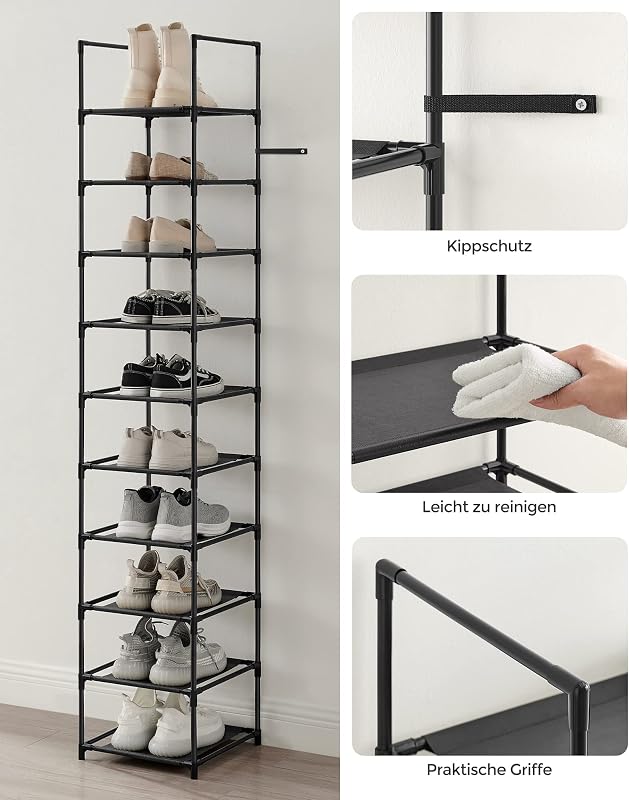 SONGMICS 10 szintes cipőtartó, 33x33x173 cm, fém váz, szövet polcok, fekete