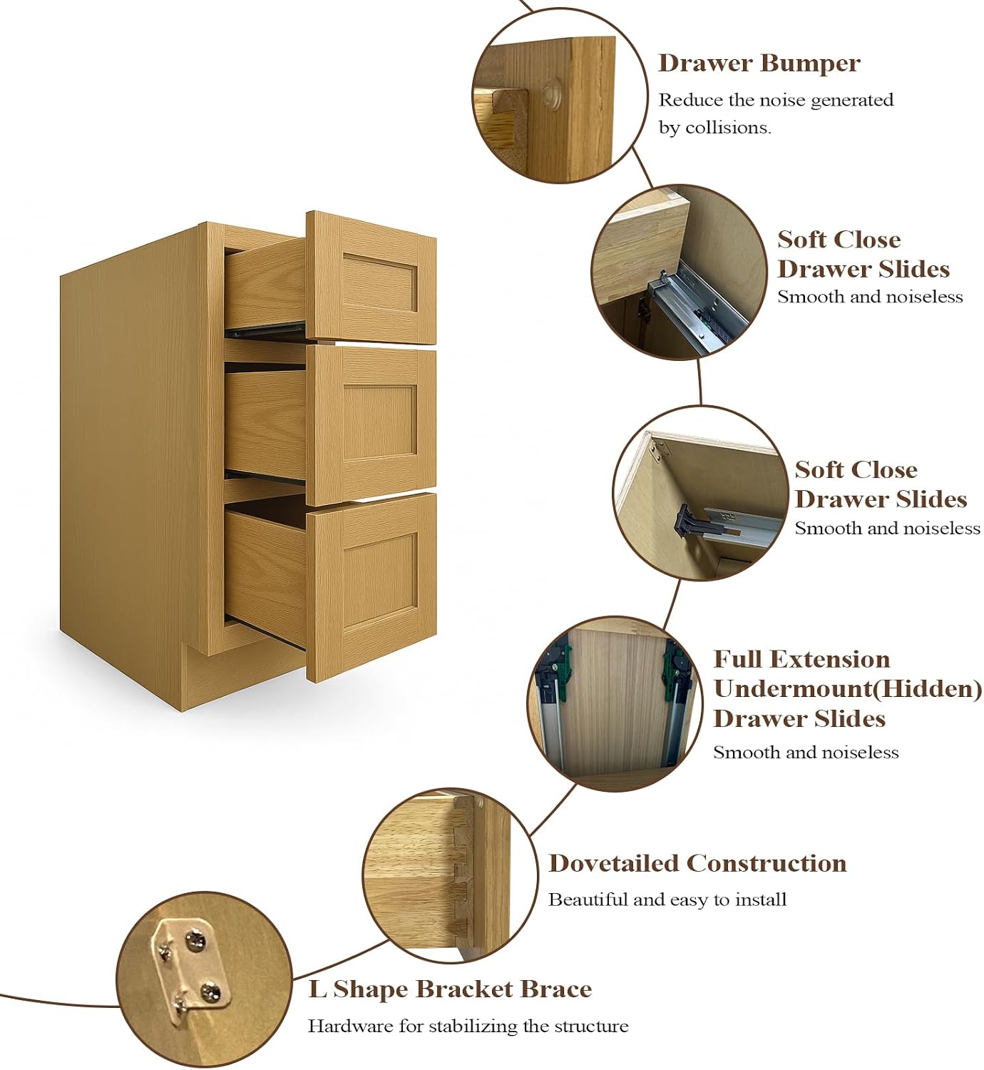 Kitchen Base Cabinet, 12" Base Cabinet Drawer, 3 Soft Close Full Extension Drawers, Shaker, Painted, Unassembled, RTA For Kitchen, Laundry Room (White Oak and MDF Door, 24"D X 34.5"H X 12"W)