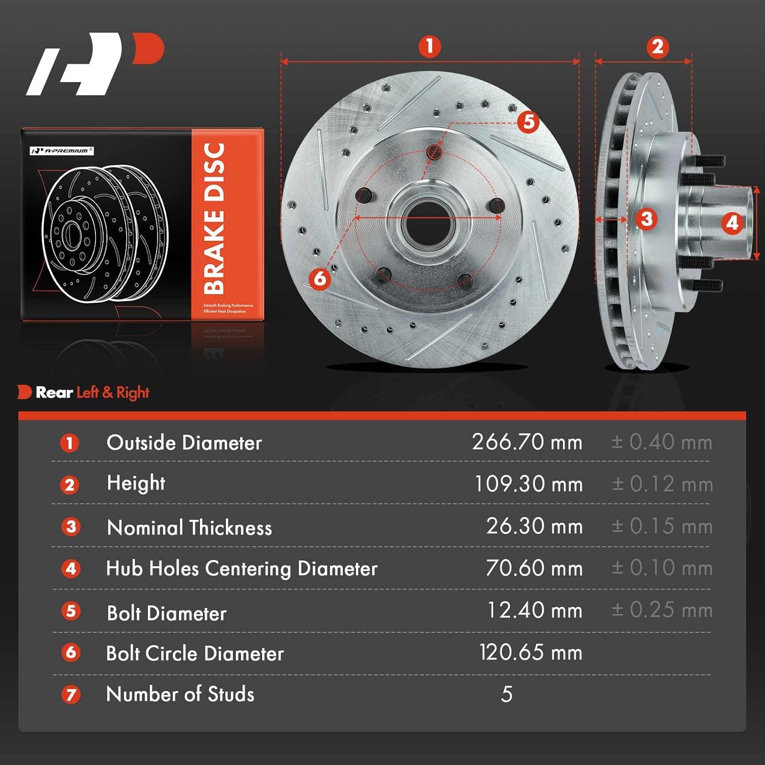 A-Premium 10.5 Inch (266.8mm) Front Drilled and Slotted Disc Brake Rotors Set Compatible with Select Chevrolet, GMC, Buick, Pontiac and Olds Models - Malibu, Camaro, Sonoma, Regal, Firebird 2-PC Set