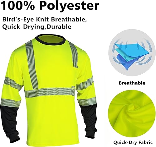 Miniatura 5 de VENDACE Camisetas reflectantes de seguridad de manga larga Hi Vis para hombres ANSI Clase 3 de alta visibilidad para trabajo de construcción,