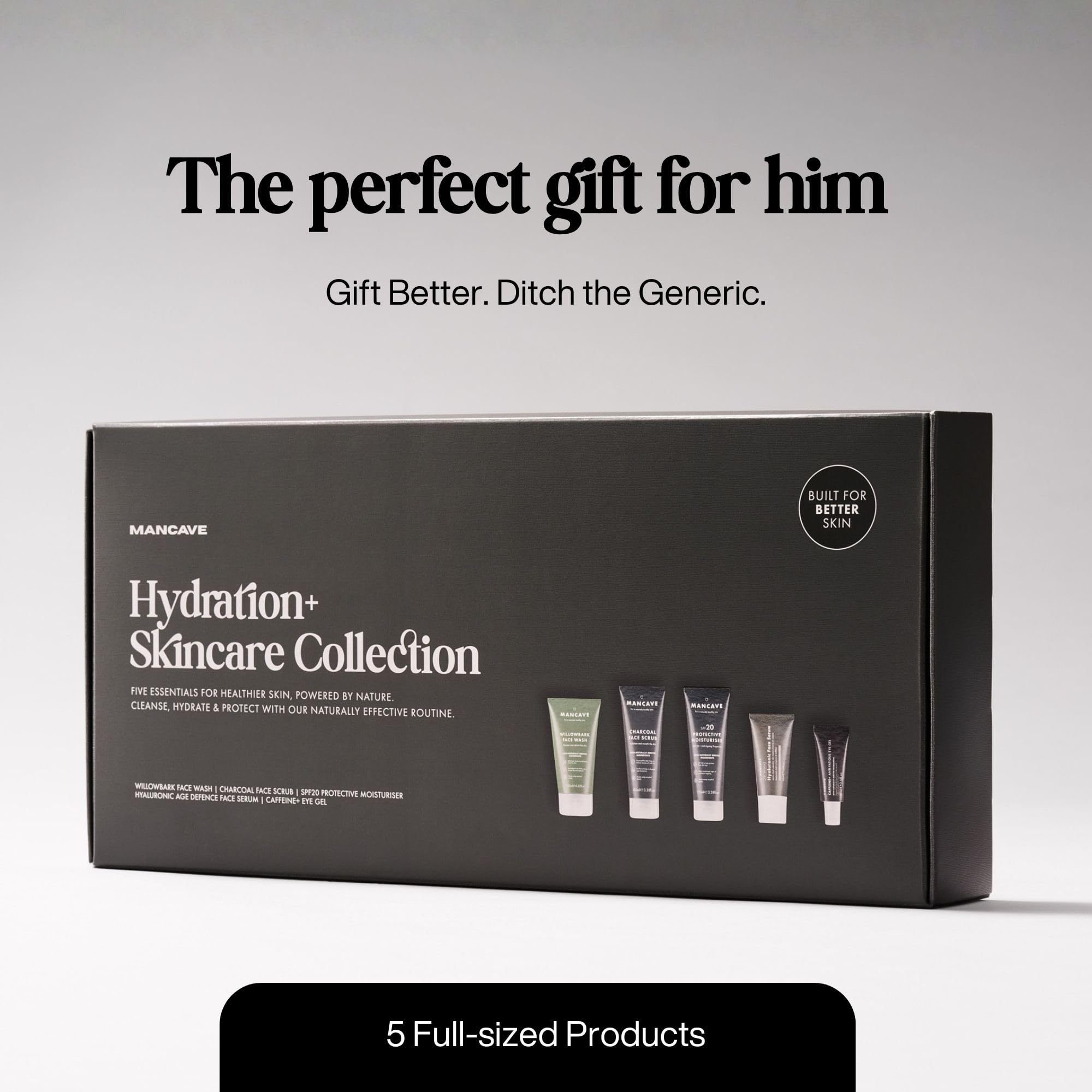 ManCave Hydration+ Zestaw Upominkowy do Pielęgnacji Skóry, Krem SPF 20, Żel do Mycia Twarzy, Peeling, Serum Hialuronowe, Żel pod Oczy, Dermatologicznie Testowany, Wegański