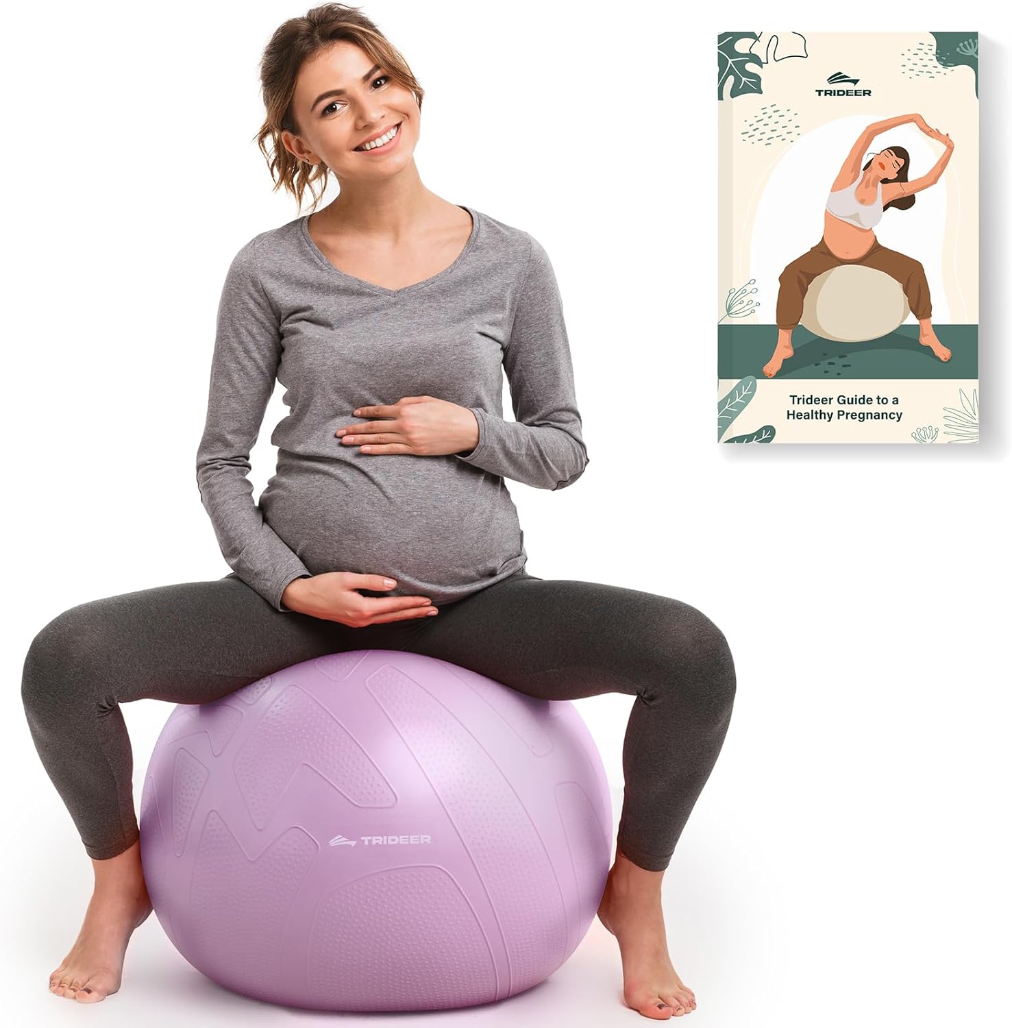Trideer Pregnancy Birthing Ball, 1.7mm Extra Thick Yoga Ball for Maternity, Labor, Physio, Recovery, Exercise Guide & Daily Comfort Tips for All Trimesters, 1000LB Anti-Burst Non-Slip Stability Ball