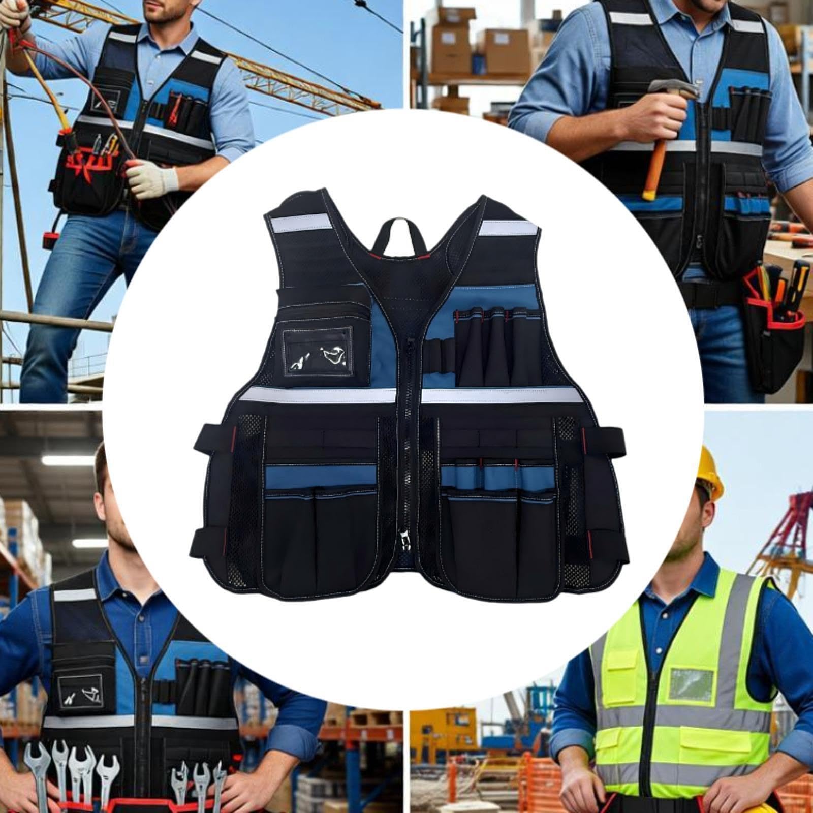 MagiDeal Chaleco de herramientas de trabajo, práctico, multifuncional, cómodo, para electricistas y carpinteros, bolsa de herramientas para trabajadores al, Azul Y Negro
