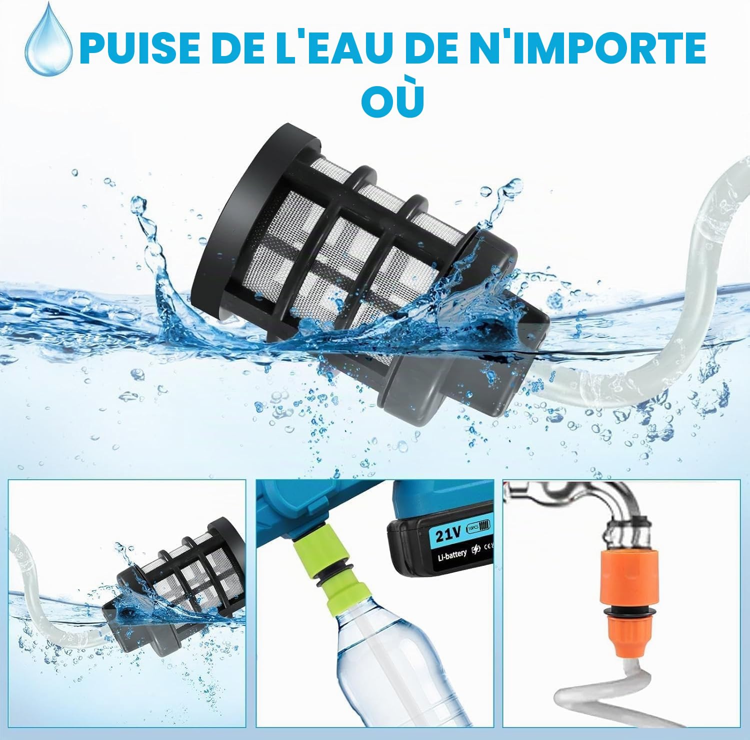 Nettoyeur à Pression sans Fil 6 en 1 Buse avec 2 * 3.0Ah Batterie 21V | Nettoyeur Haute Pression Portable 120 Bar 3.4GPM 3 Vitesses Buse 5m Tuyau Chargeur pour Voiture Jardin Arrosage