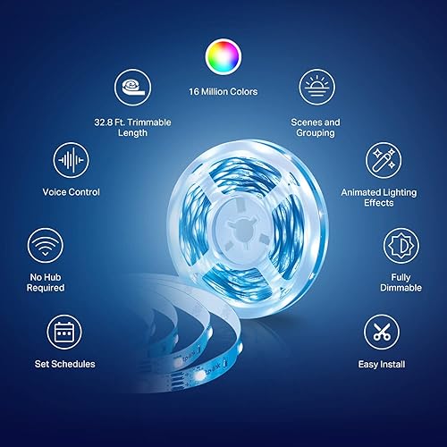 Vista 4 de Kasa Smart Tira de luz LED, RGB, 32.8 pies (2 rollos de 16.4 pies), tira LED Wi-Fi funciona con Alexa y Google Assistant, alto brillo, recortable