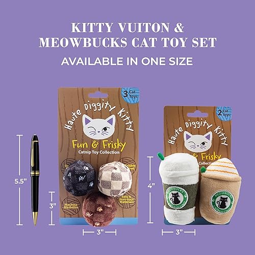 Miniatura 2 de Vuiton - Juego de bolas a cuadros + catpuccino Meowbucks, juguetes de peluche para gatos rellenos de hierba gatera con sonido interactivo de