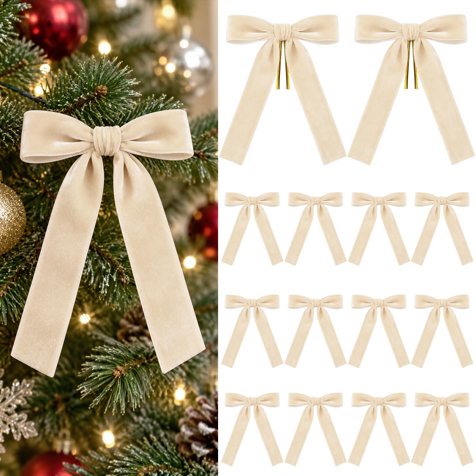 KINGLAKE 24Pcs 2.5cm Beige Velvet Christmas Tree Bows with Twist Ties
